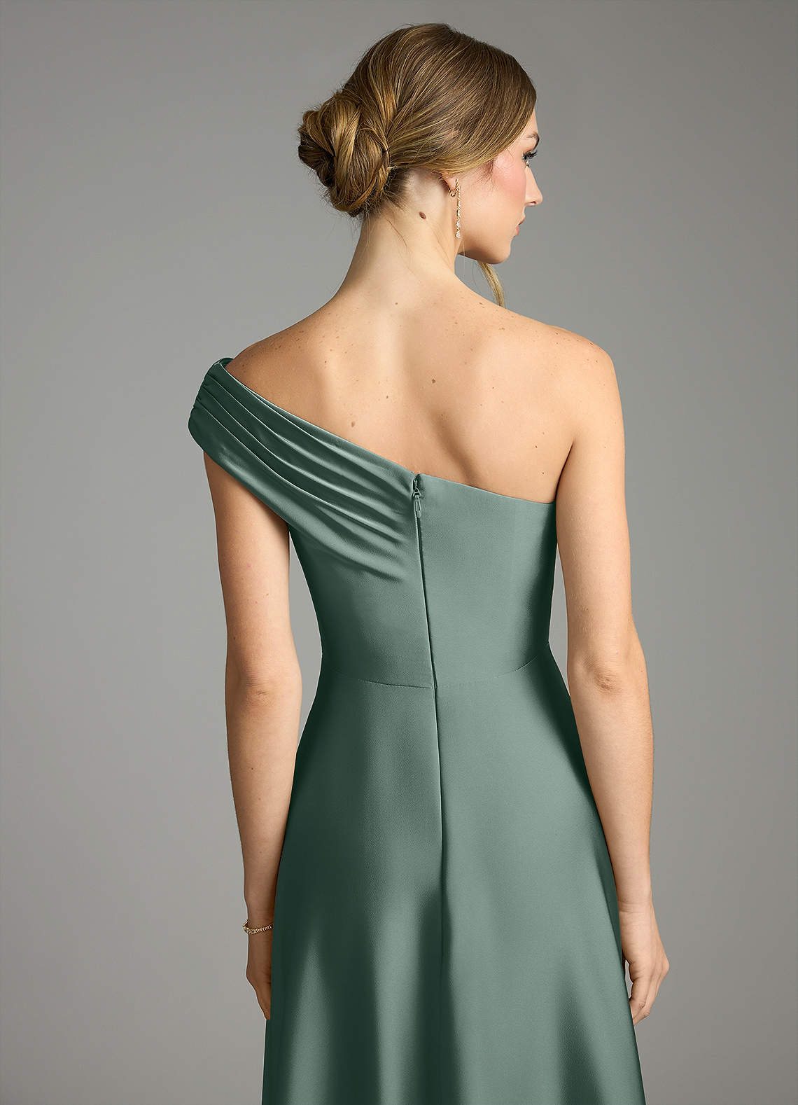 Melanie A-Line One-Shoulder Stretch Satin Bridesmaid Dress in Sea Moss