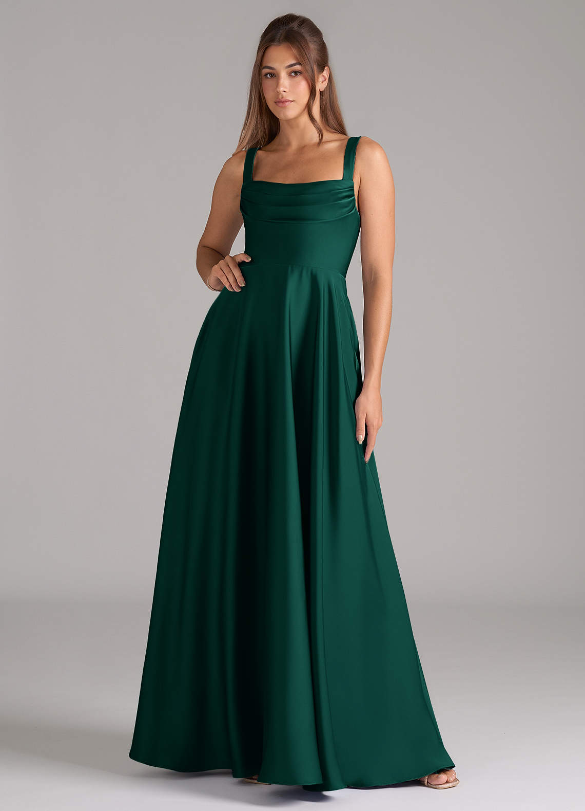 Shaude A-Line Square-Neck Stretch Satin Bridesmaid Dress in Emerald