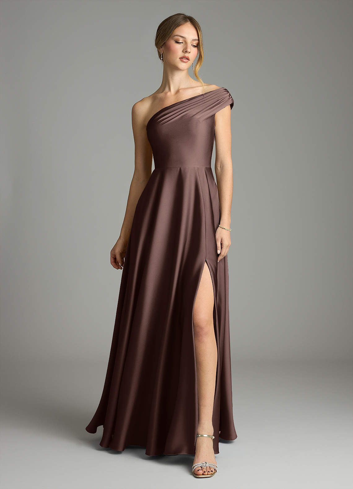 Melanie A-Line One-Shoulder Stretch Satin Bridesmaid Dress in Ganache