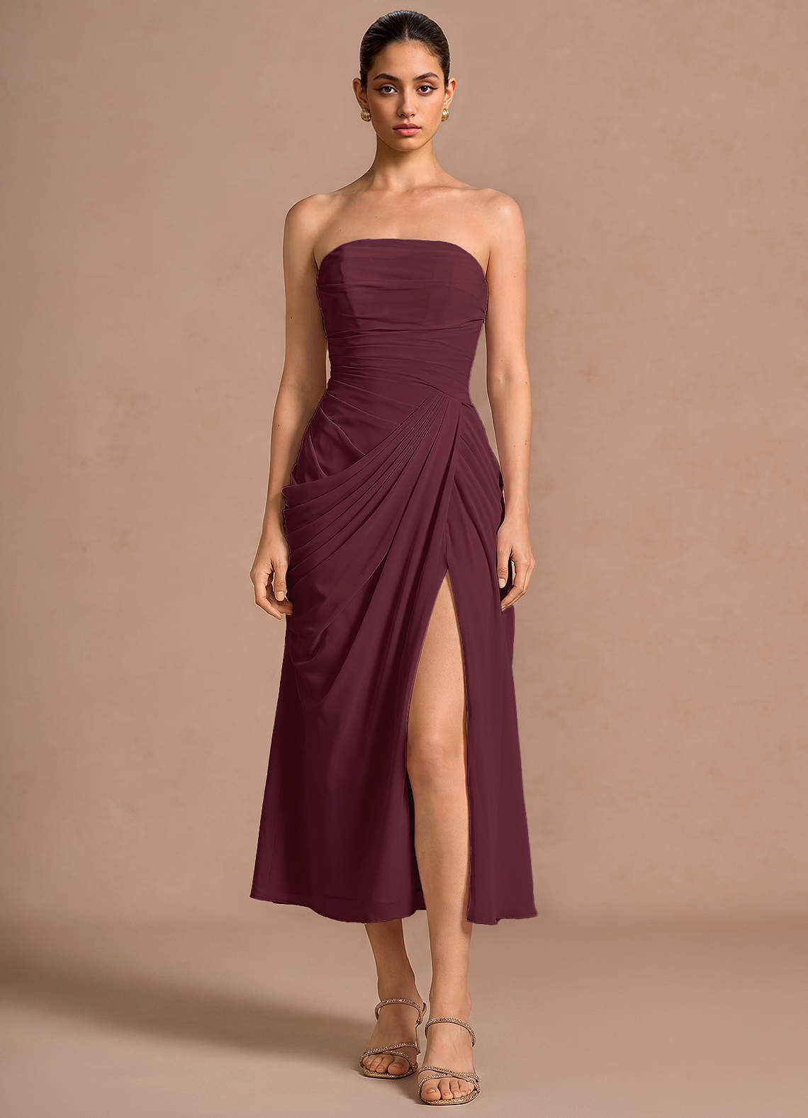 Kaavia Column Pleated Chiffon Midi Evening Dress in Wine