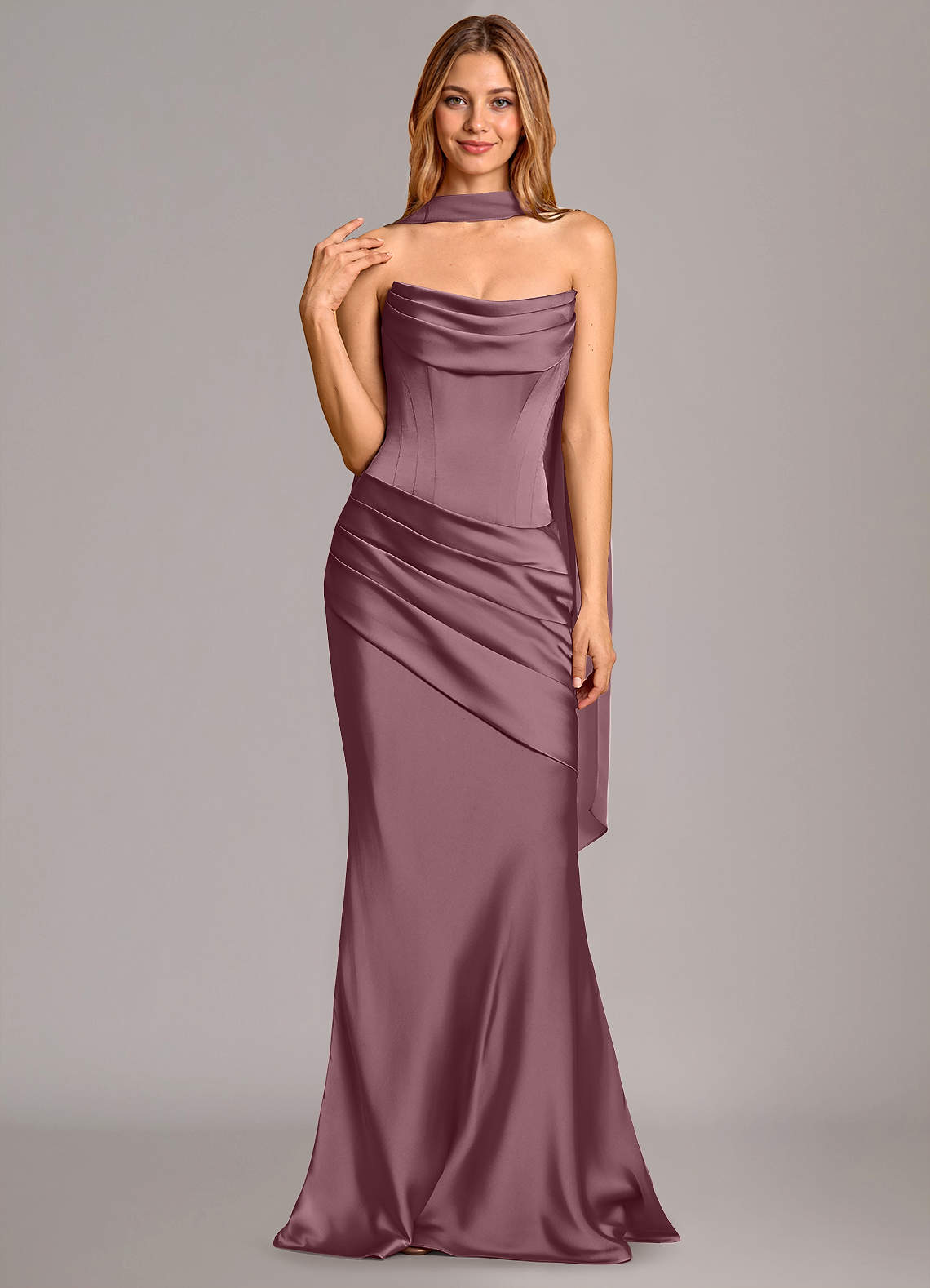 Pelagia Mermaid Cowl-Neck Stretch Satin Bridesmaid Dress in Amethyst
