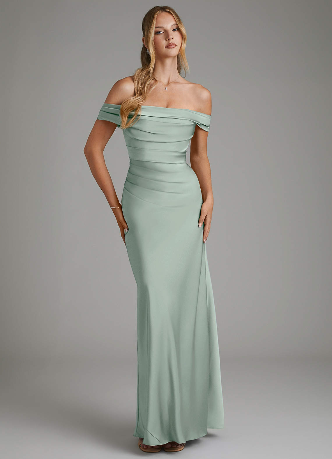 Hayden Mermaid Off-the-Shoulder Stretch Satin Bridesmaid Dress in Agave