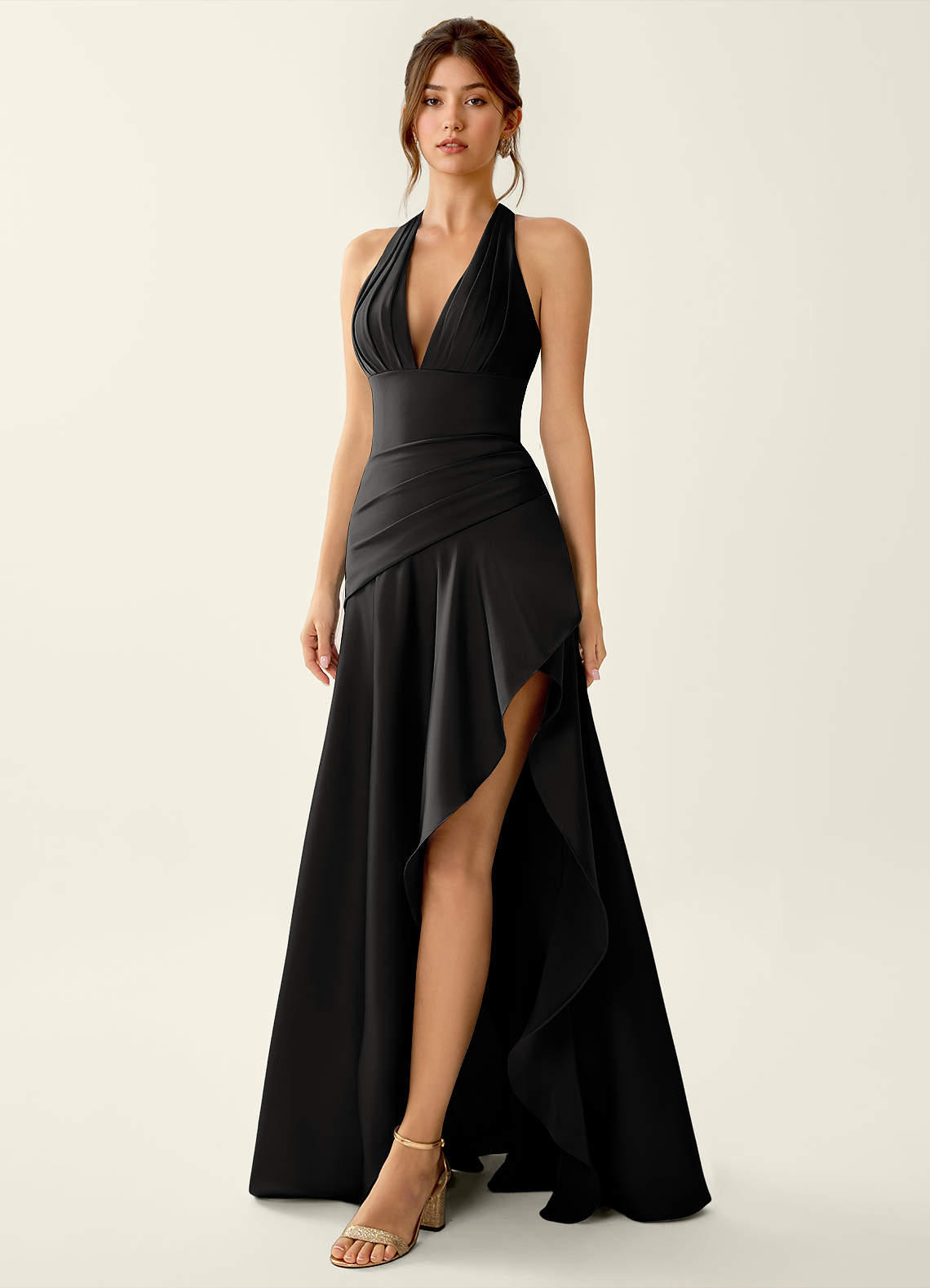 Titania Halter Asymmetric-Ruffle Satin Evening Dress in Pastel Yellow