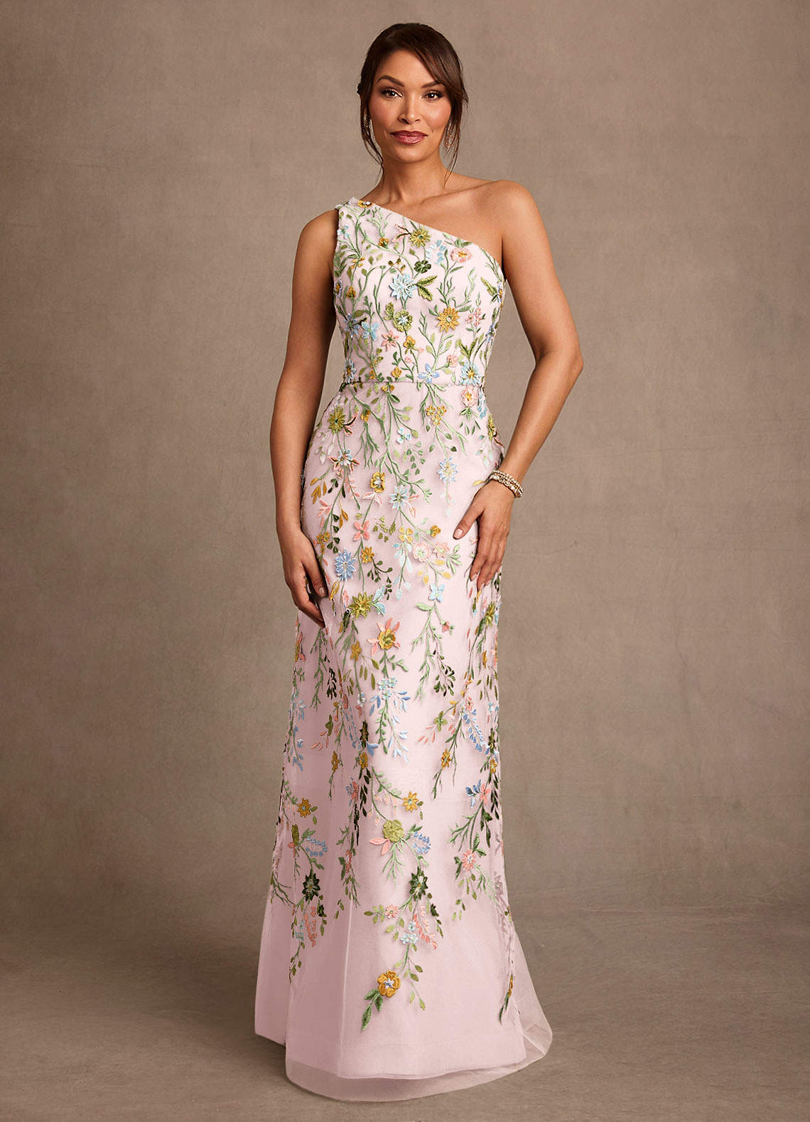 Bertie A-Line One-Shoulder Lace Mother of the Bride Dress in Blushing Pink