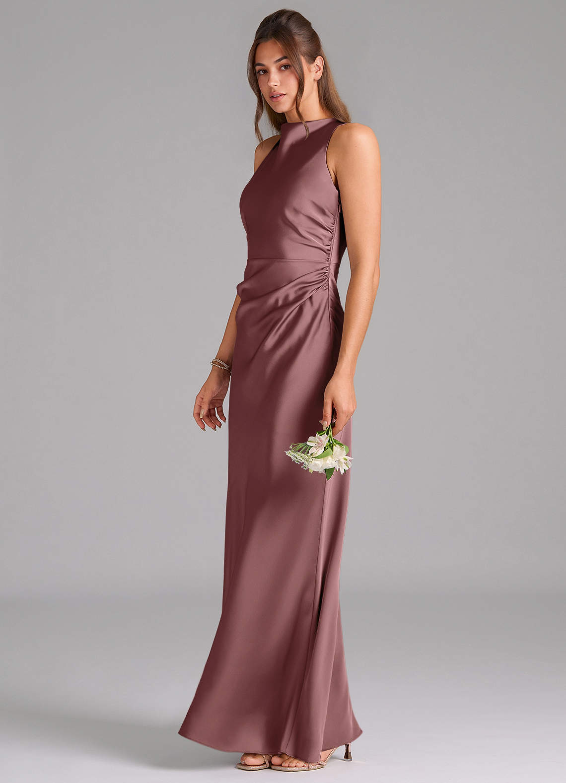 Evadne Sheath Scoop-Neck Stretch Satin Bridesmaid Dress in Vintage Mauve