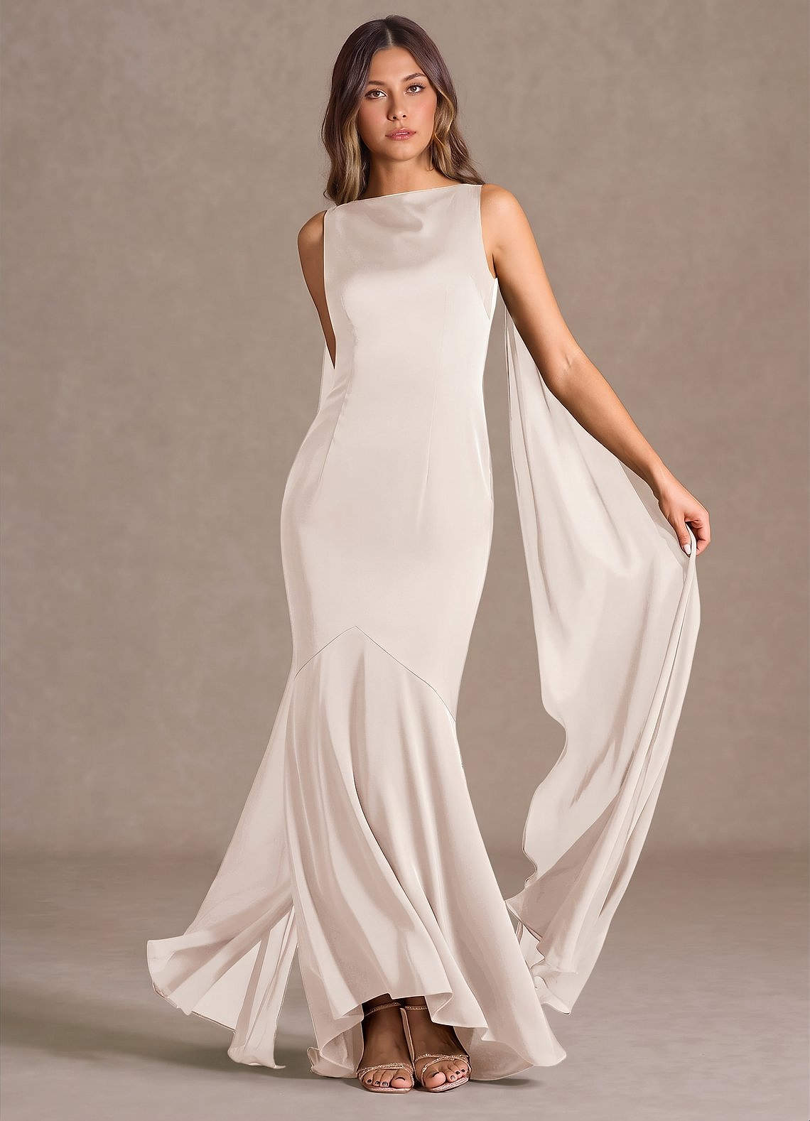 Wynne Mermaid Shoulder-Scarf Stretch Satin Evening Dress in Cream