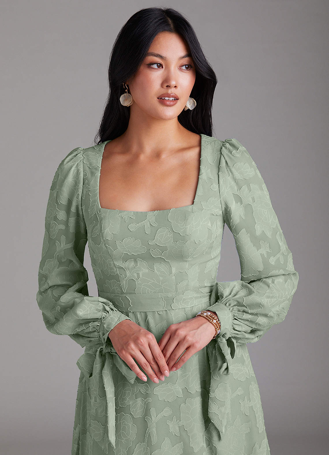 Leonia A-Line Square-Neck Stretch Satin Bridesmaid Dress in Agave