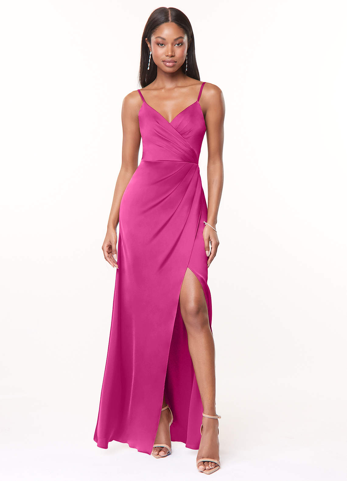 Maci A-Line V-Neck Stretch Satin Bridesmaid Dress in Fuchsia