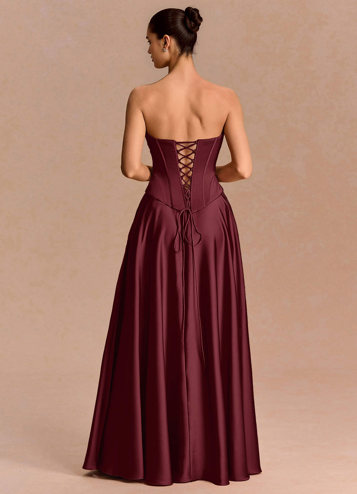 Eponine A-Line Pleated Stretch Satin Evening Dress in Wine
