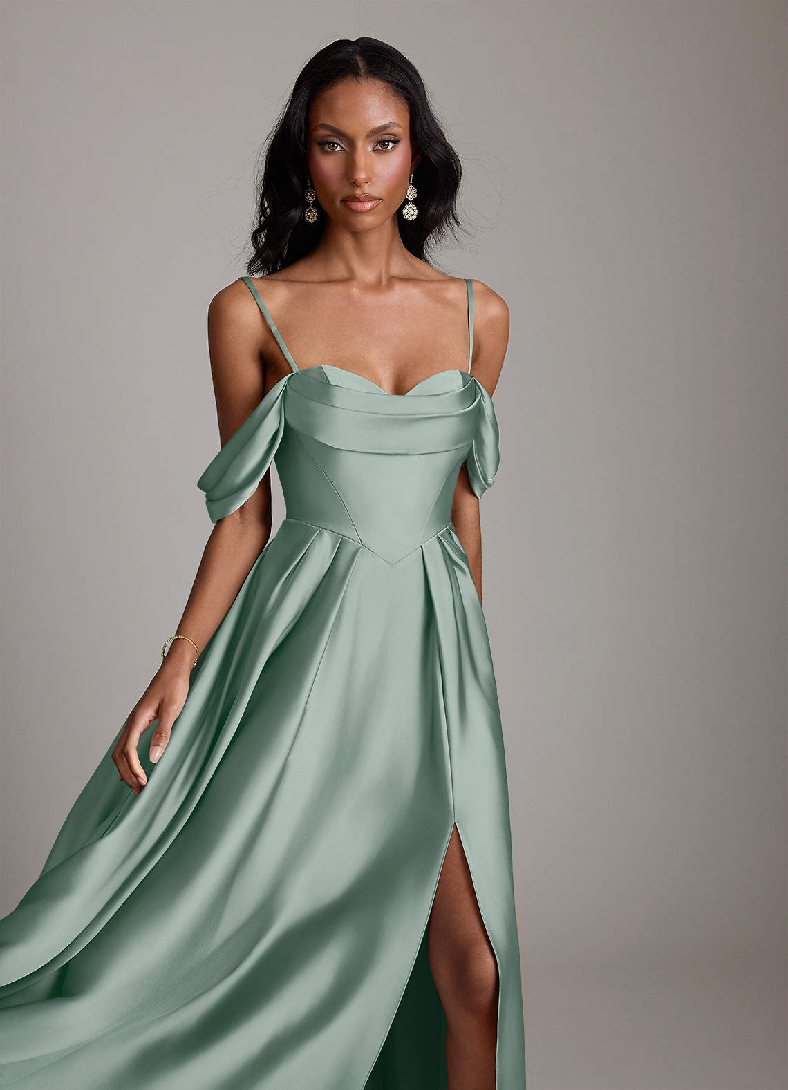 Loisa A-Line Off-the-Shoulder Stretch Satin Bridesmaid Dress in Silver Sage