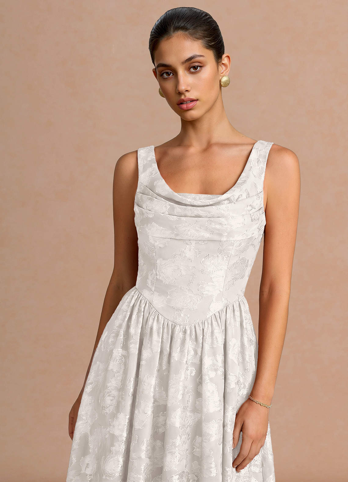 Novi A-Line Draped-Neck Floral Fil Coupé Evening Dress in White