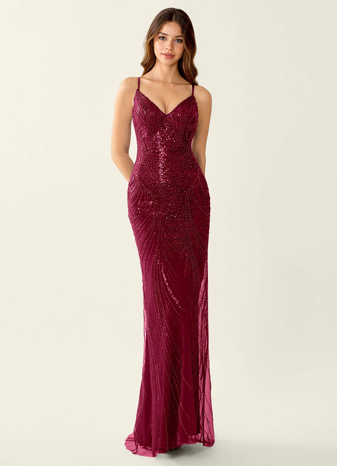 Magnolia Mermaid Beaded Sequined Stretch Mesh Evening Dress in Burgundy