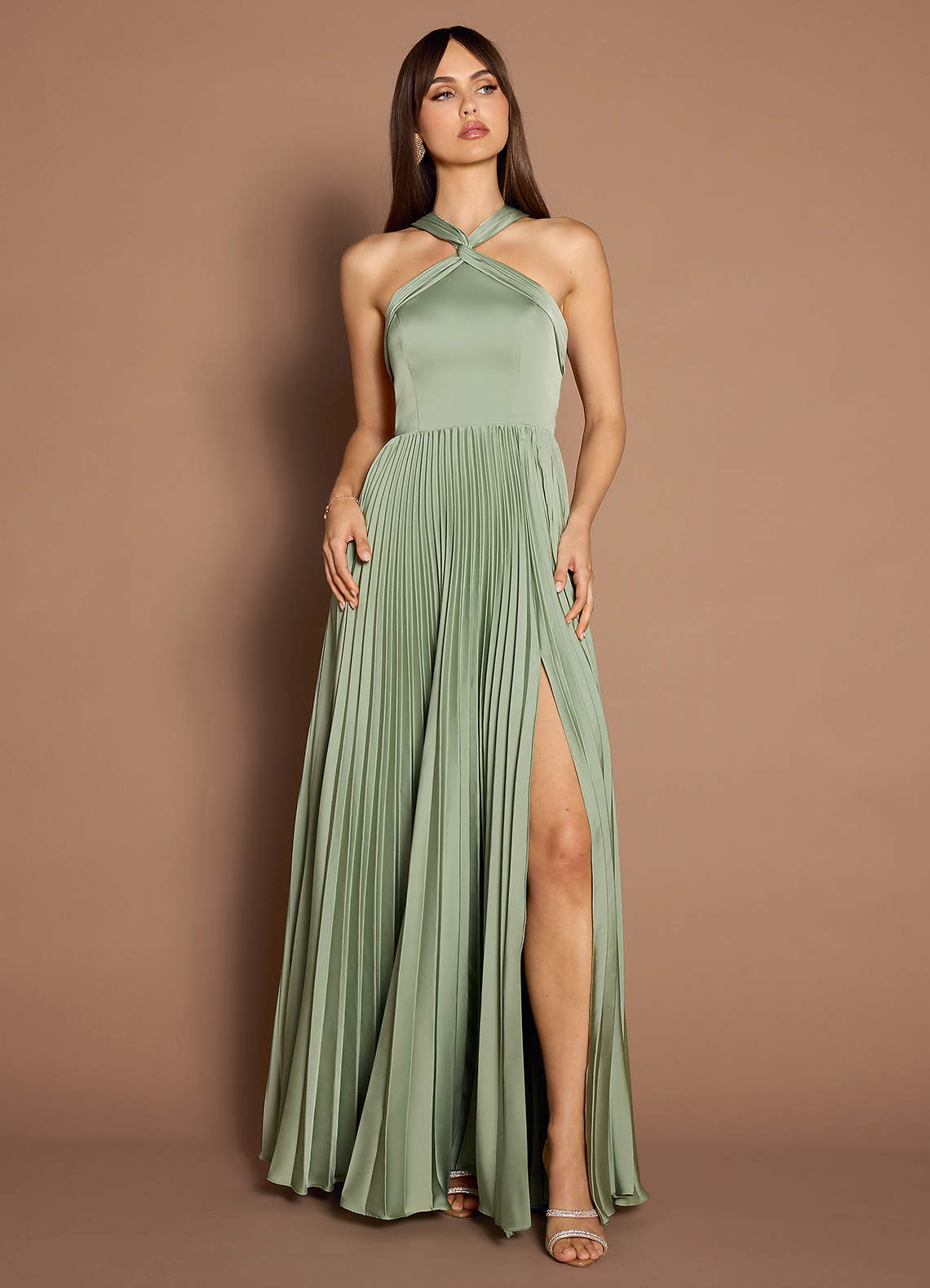 Afra A-Line Pleated Stretch Satin Wedding Guest Dress in Dusty Sage