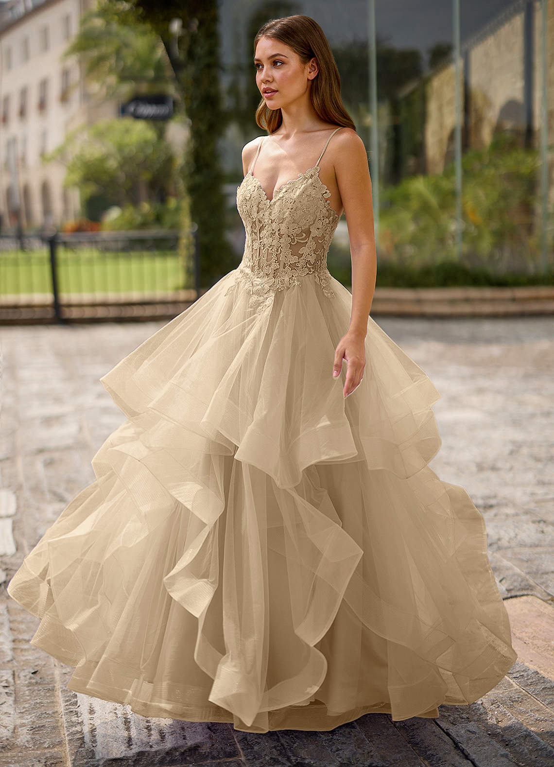 Spitze Ball Gown Sweetheart Lace Tulle Evening Dress in champagne