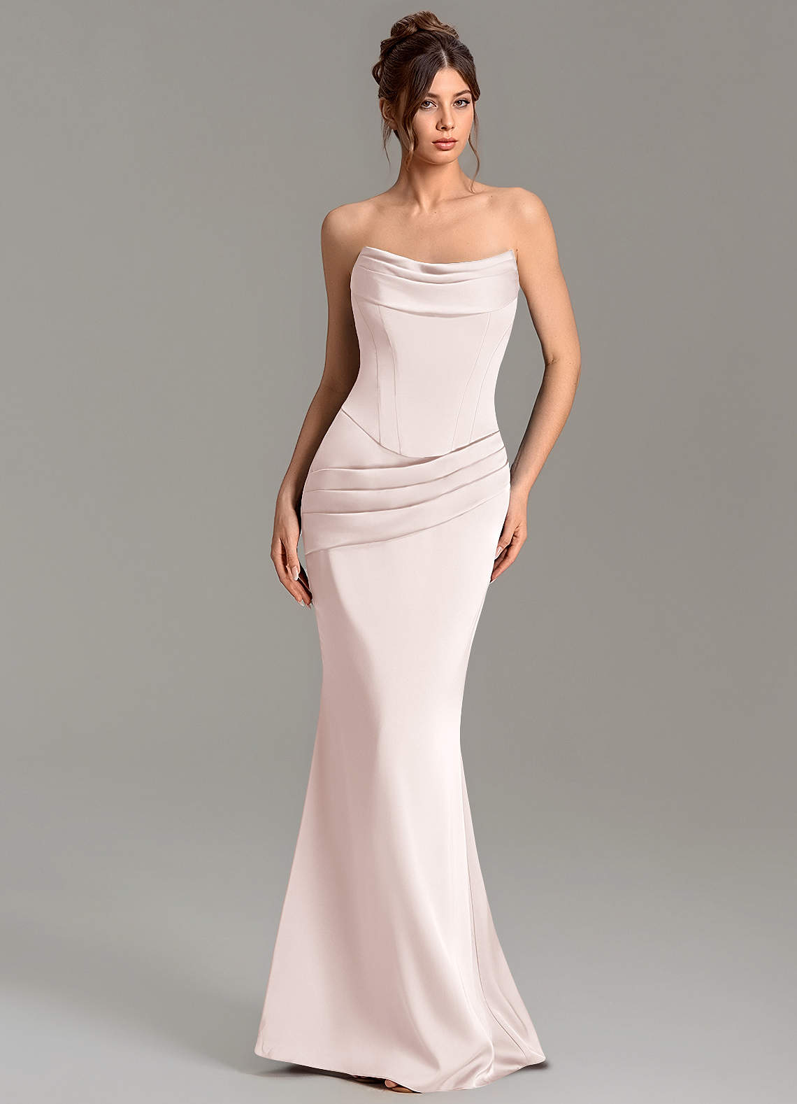 Adrienne Mermaid Cowl-Neck Stretch Satin Bridesmaid Dress in Blushing Pink