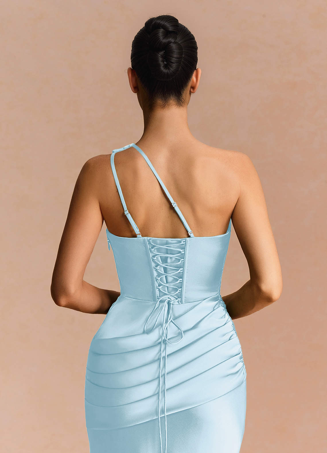 Guinevere One-Shoulder Cutout Stretch Satin Evening Dress in Light Blue