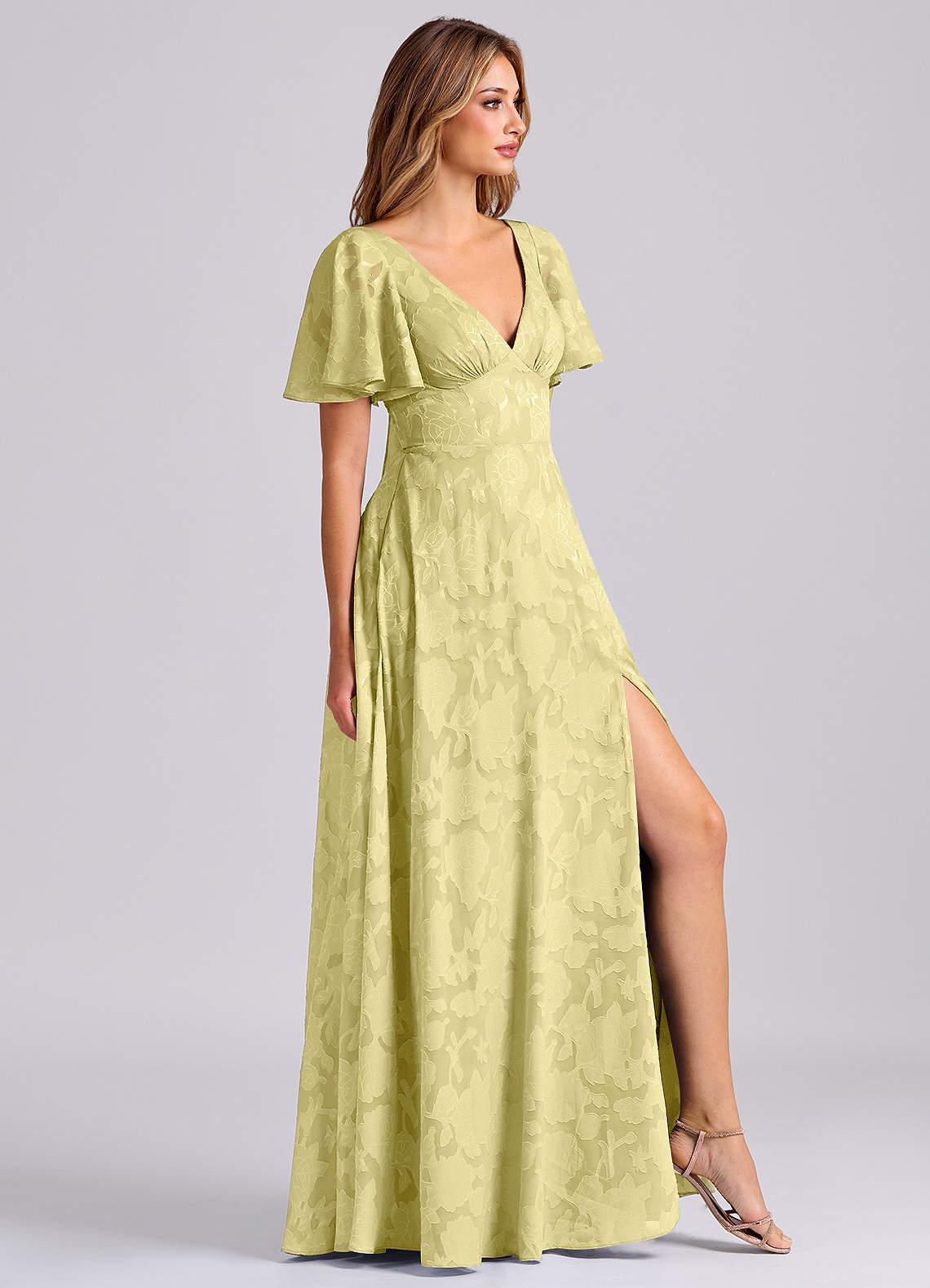 Kimber A-Line V-Neck Floral Burnout Bridesmaid Dress in Lemon Sorbet