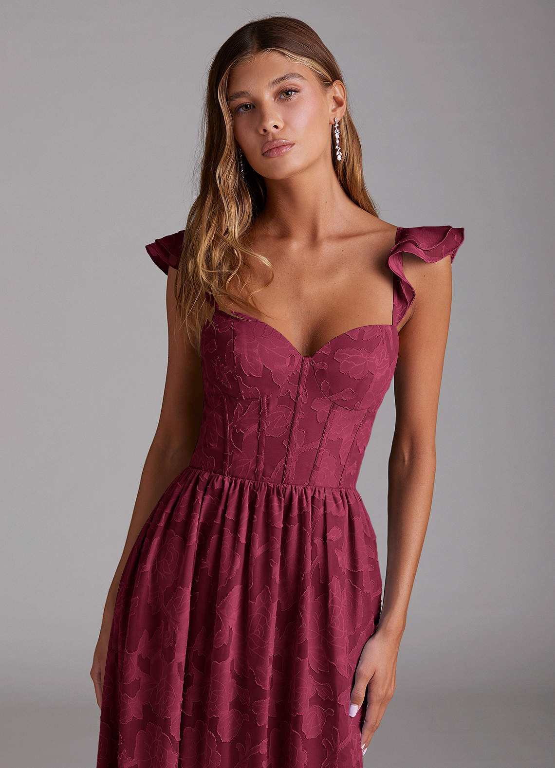Denisse A-Line Sweetheart Floral Burnout Bridesmaid Dress in Burgundy