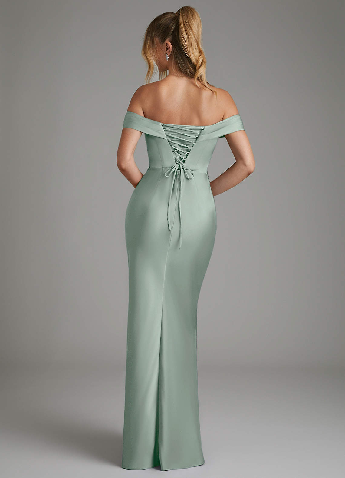 Hayden Mermaid Off-the-Shoulder Stretch Satin Bridesmaid Dress in Agave