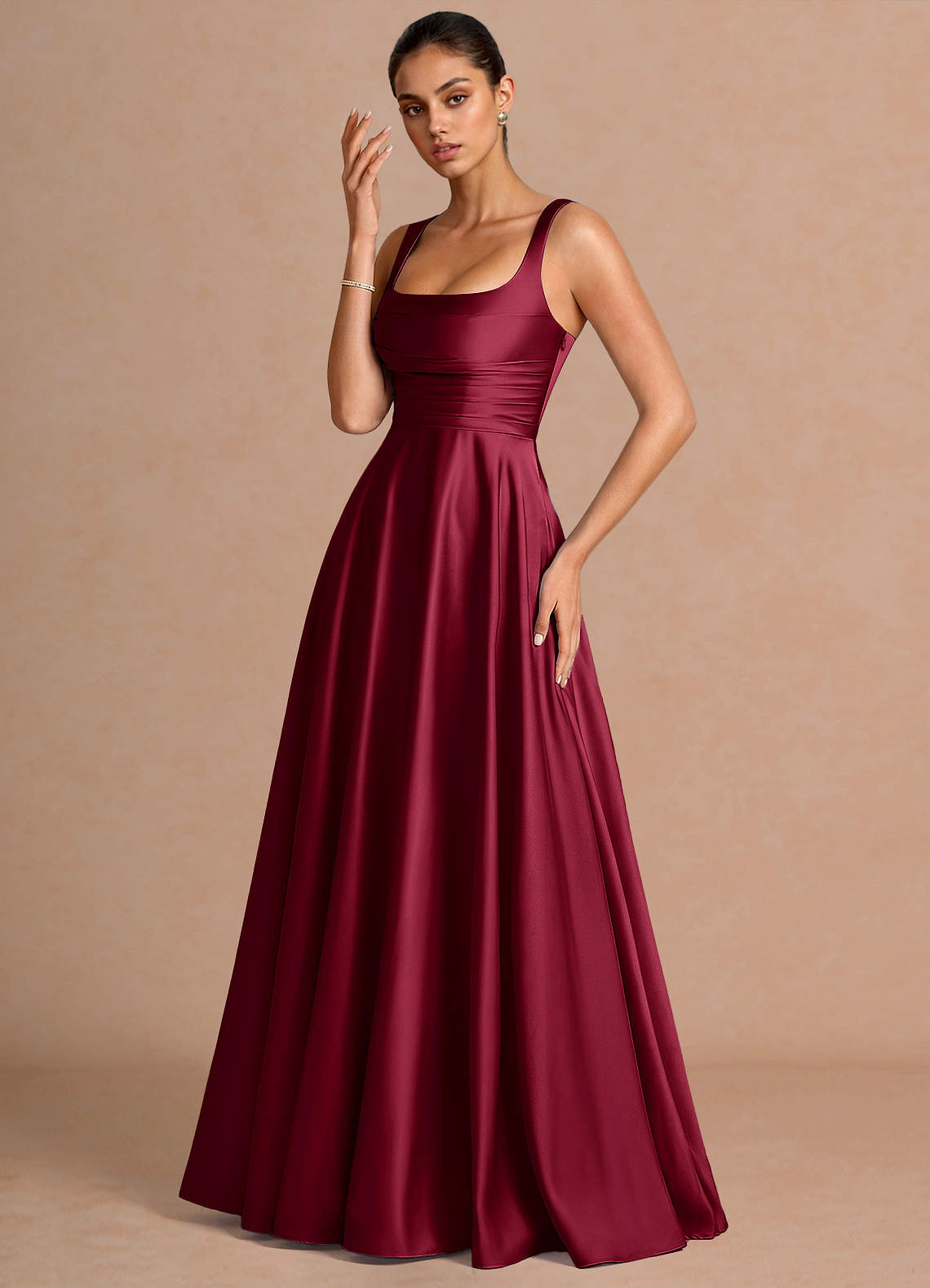 Azaria A-Line Square-Neck Stretch Satin Wedding Guest Dress in Merlot