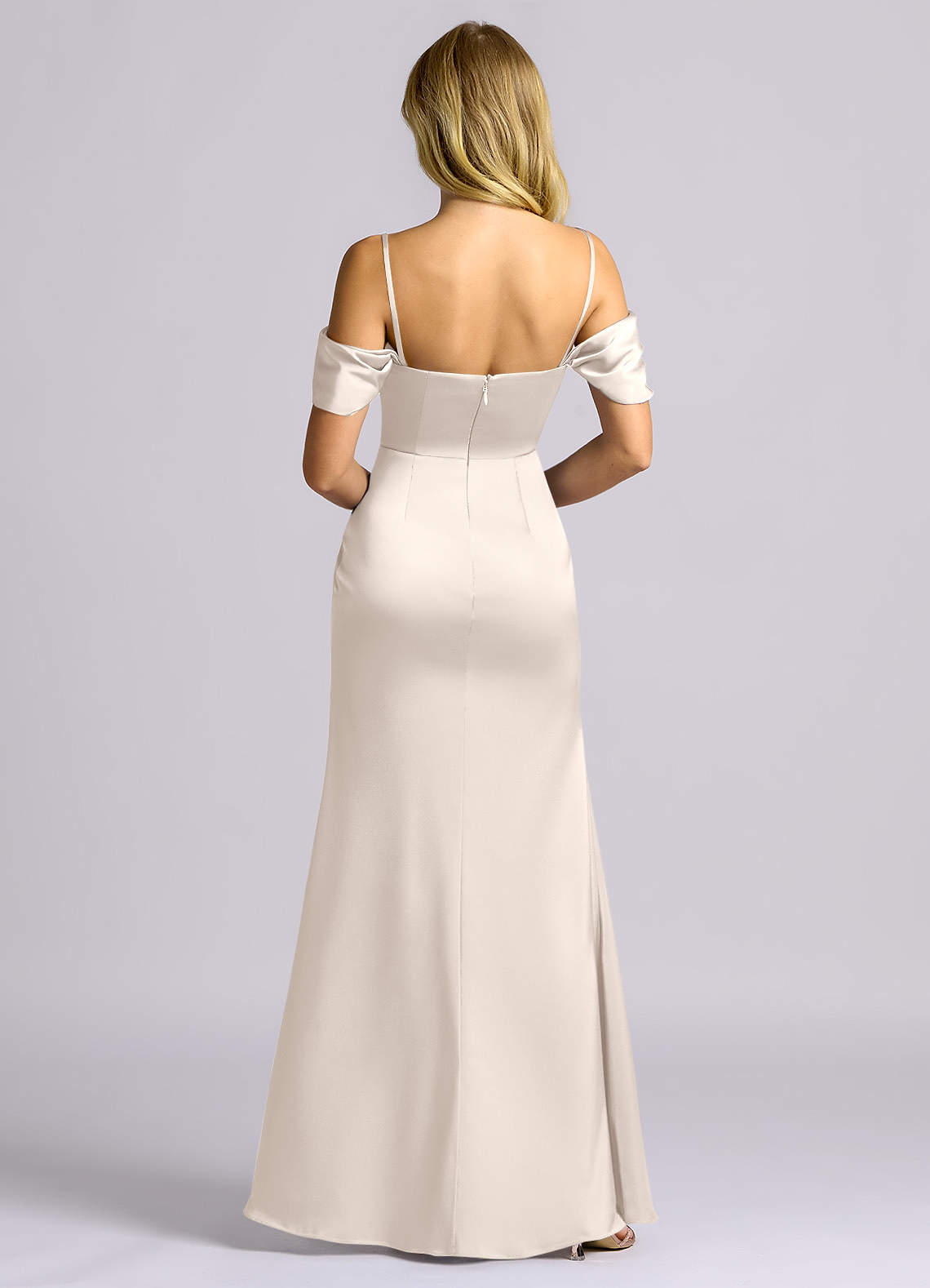 Auden Sheath Off-the-Shoulder Stretch Satin Bridesmaid Dress in White Alabaster