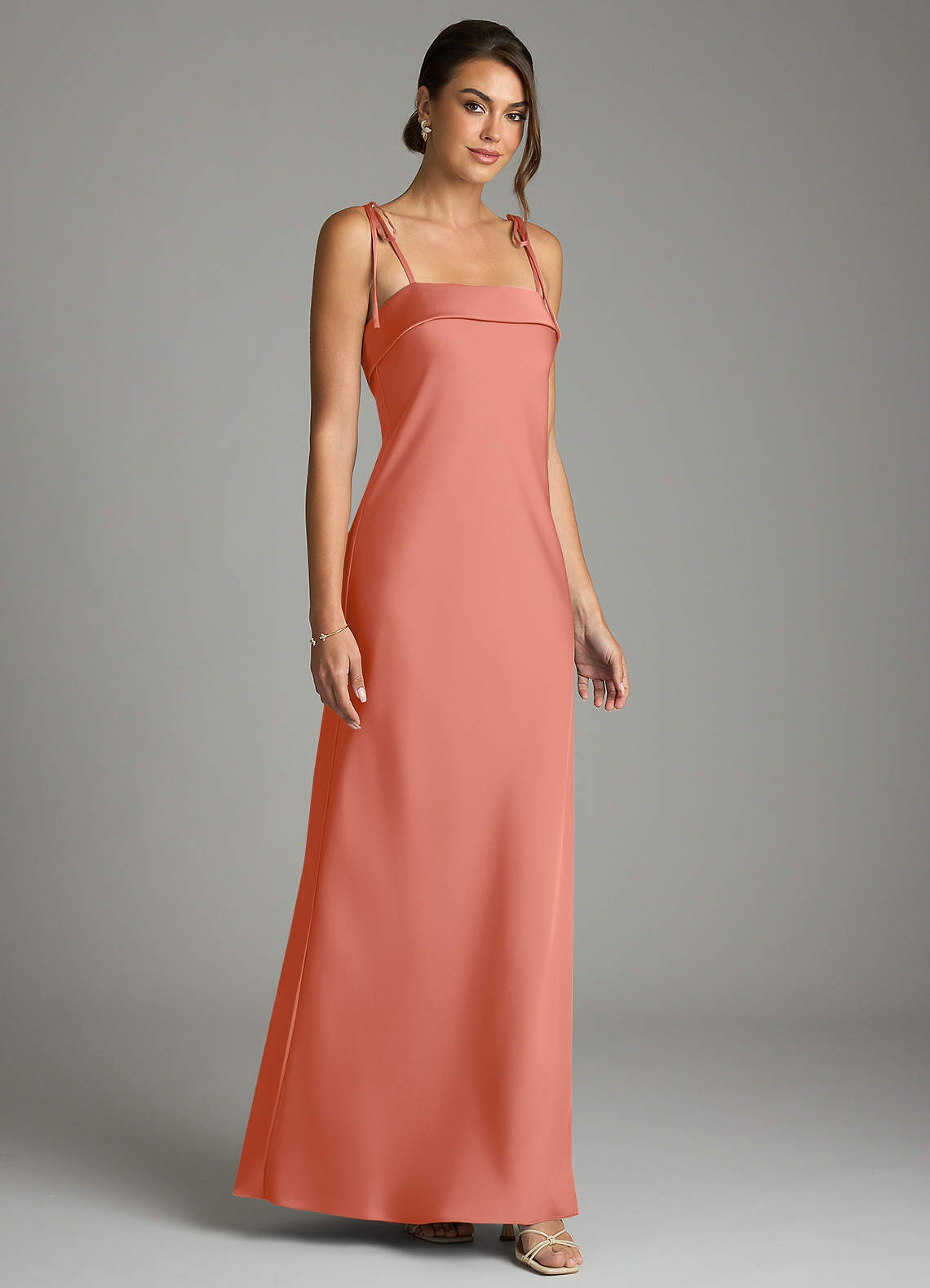 Ellia Sheath Straight-Neck Stretch Satin Bridesmaid Dress in Salmon Pink