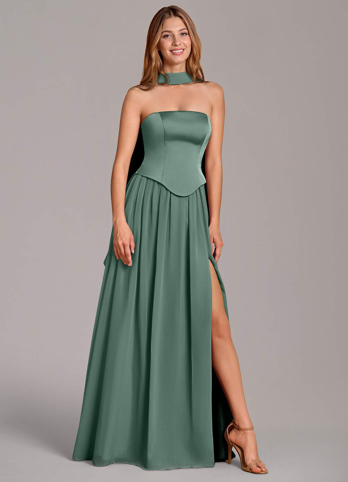 Cadence A-Line Strapless Chiffon and Stretch Satin Bridesmaid Dress in Eucalyptus