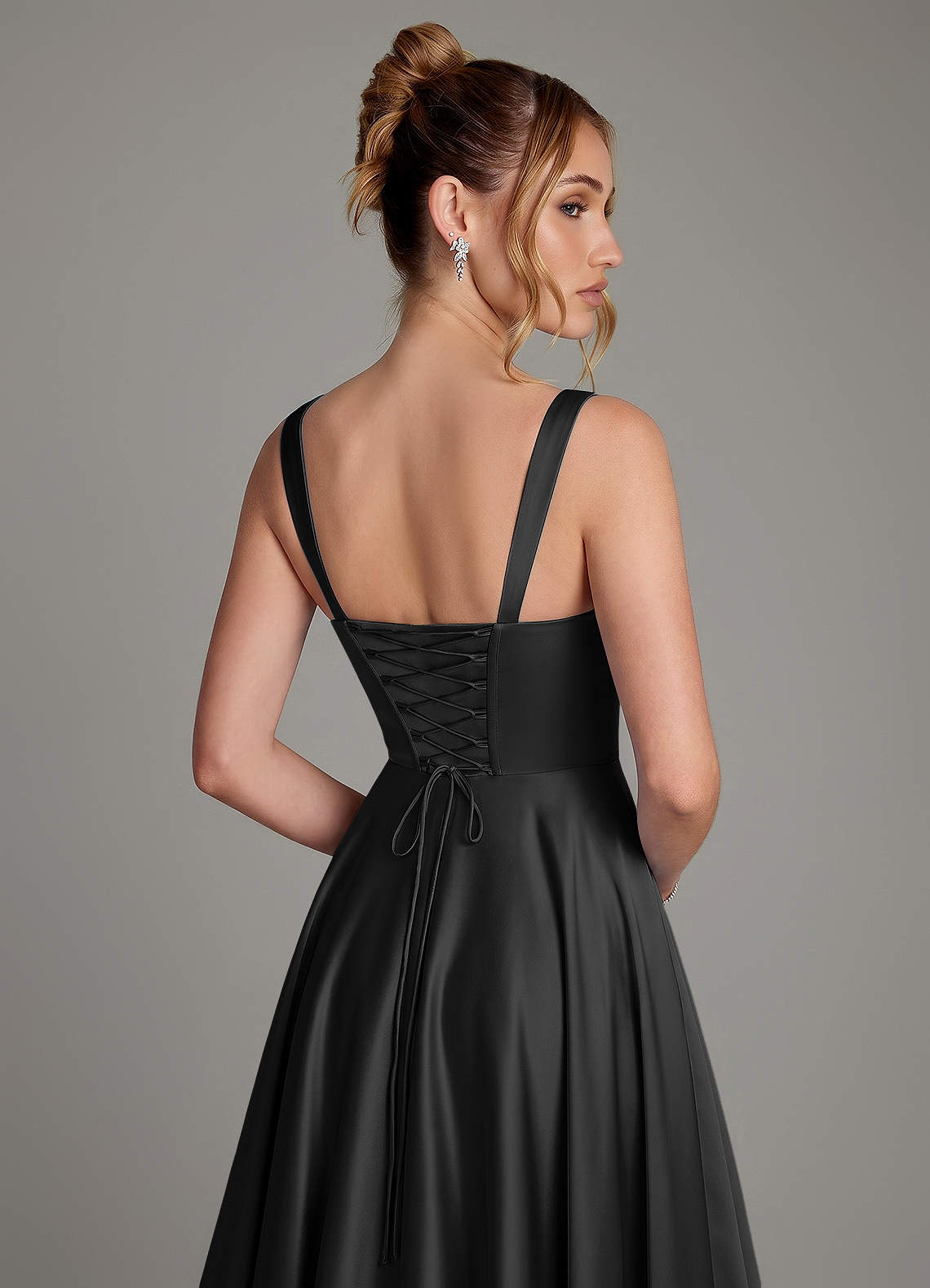 Azaria A-Line Square-Neck Stretch Satin Bridesmaid Dress in black