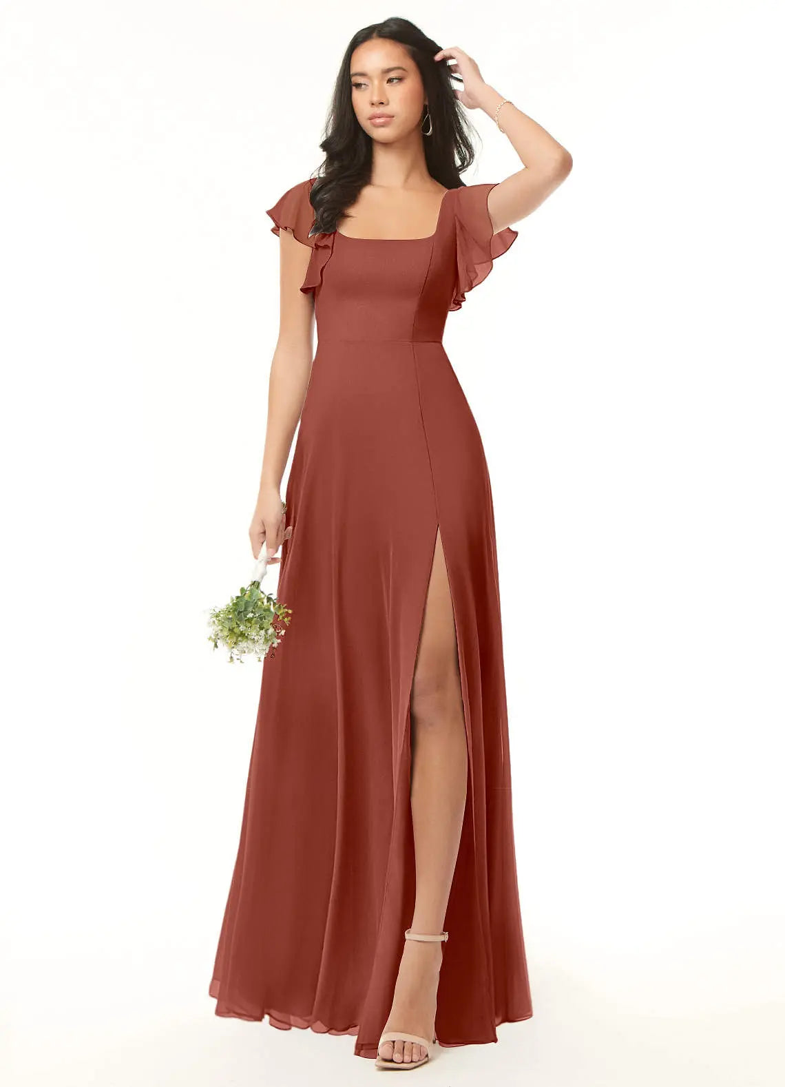 Bondi A-Line Square-Neck Chiffon Bridesmaid Dress in Auburn