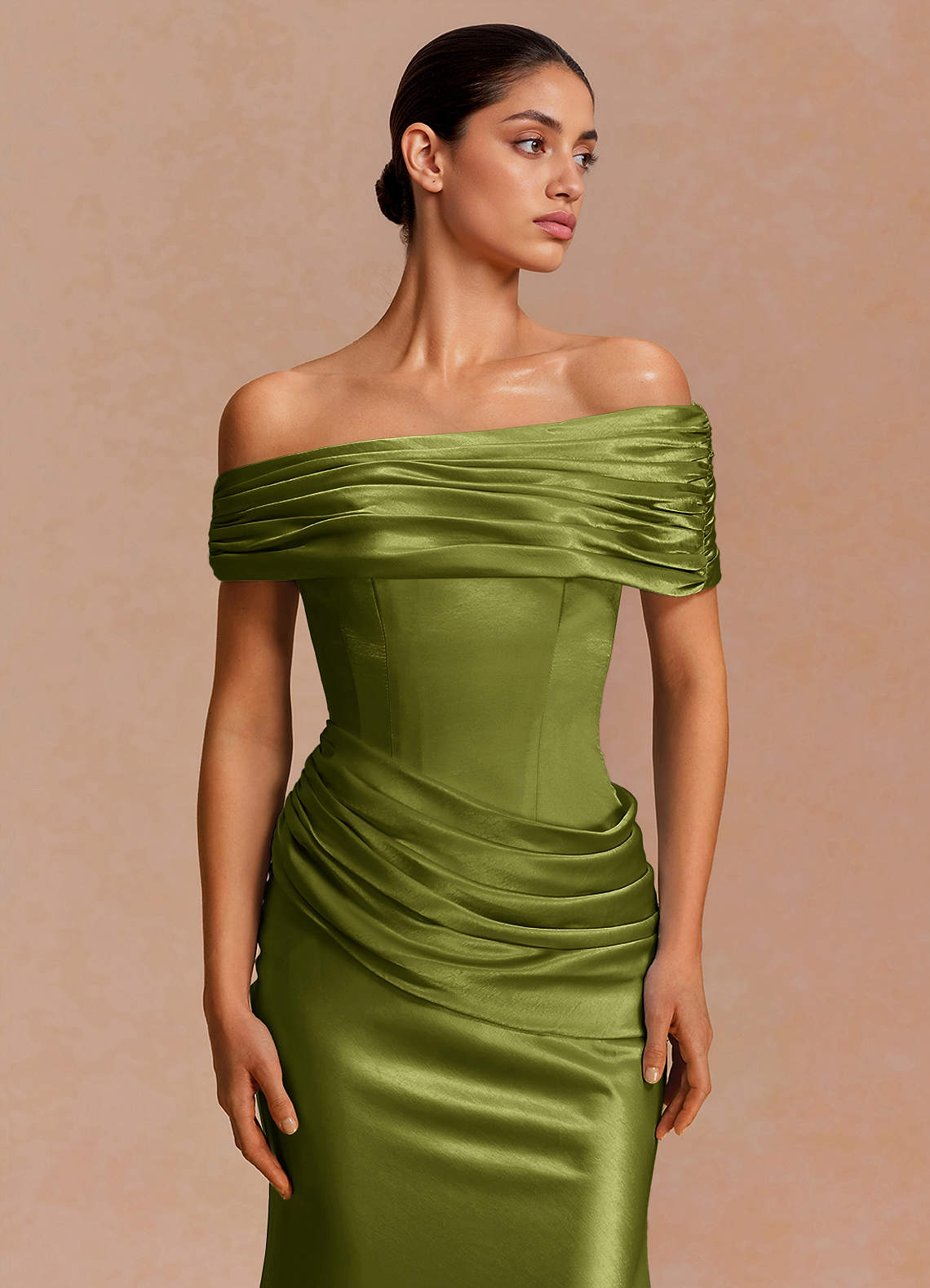 Leonie Strapless Draped-Shoulder Satin Evening Dress in Olive
