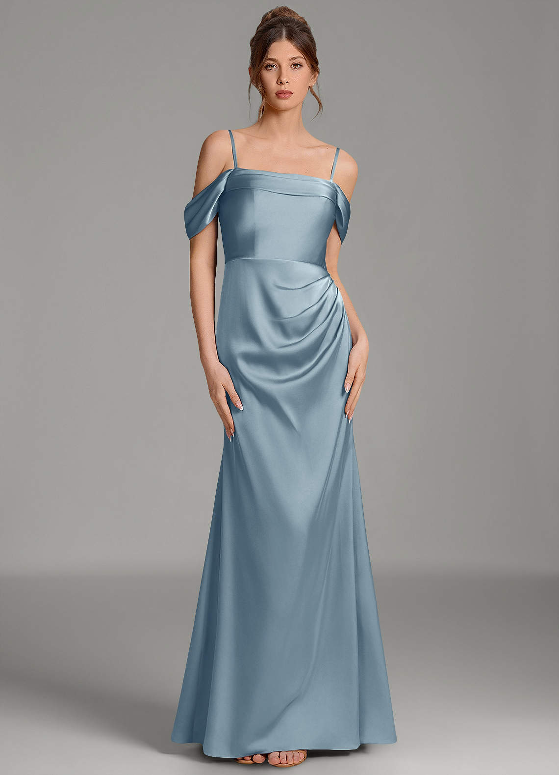 Wyatt Mermaid Off-the-Shoulder Stretch Satin Bridesmaid Dress in dusty blue