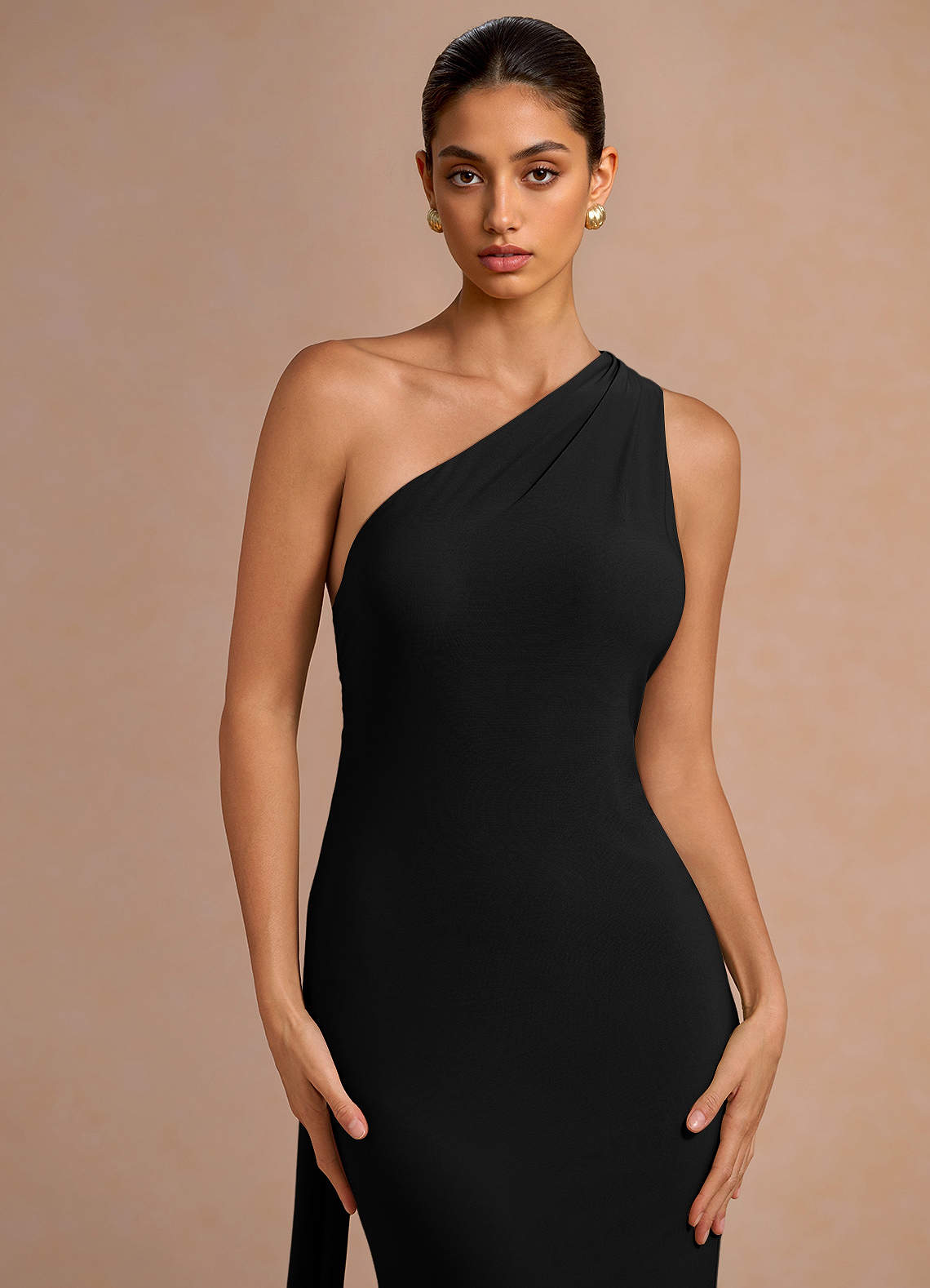 Miliani Sheath Neck-Tie Stretch Knit Evening Dress in Black