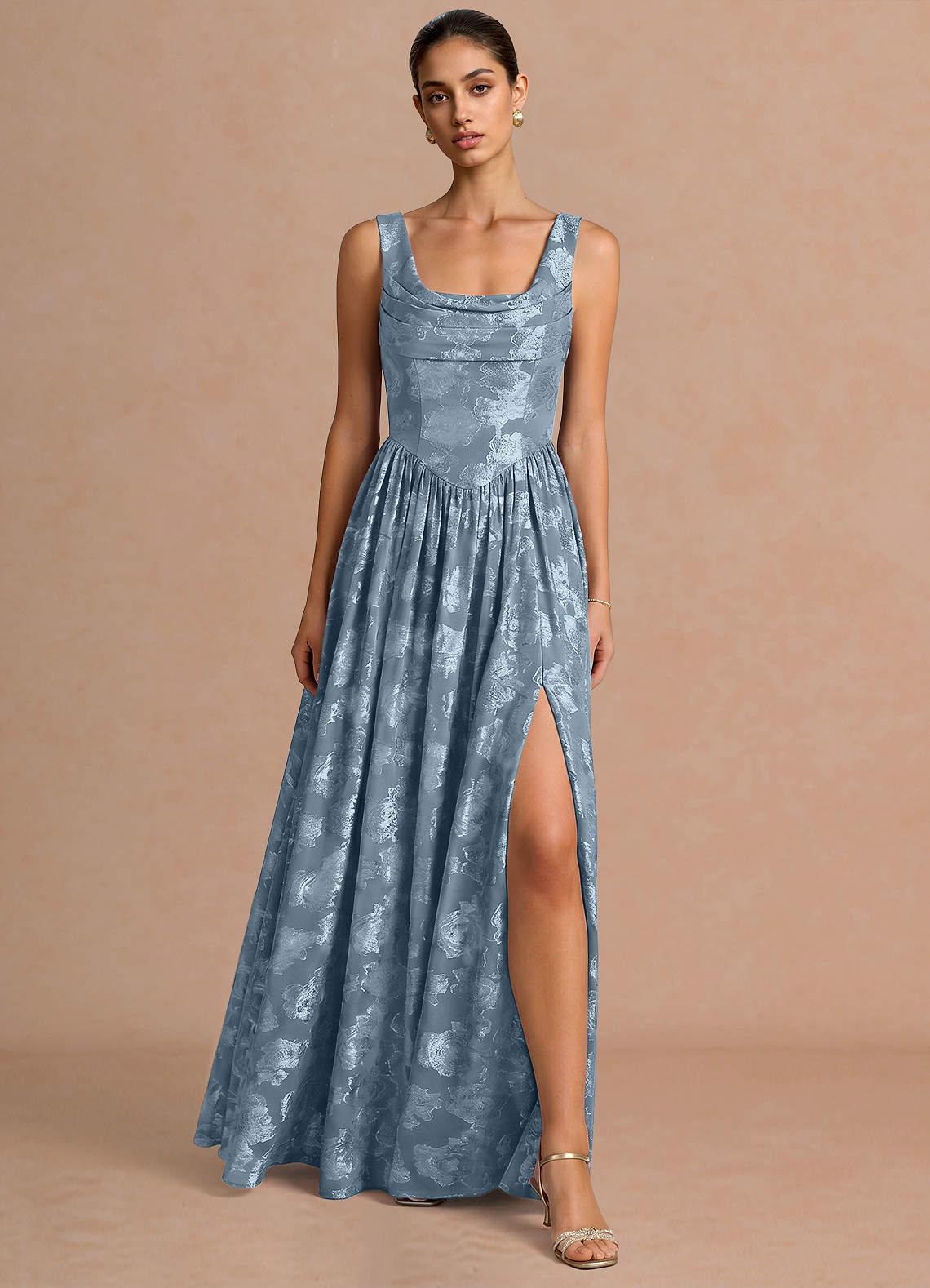 Novi A-Line Draped-Neck Floral Fil Coupé Evening Dress in Lemon Sorbet