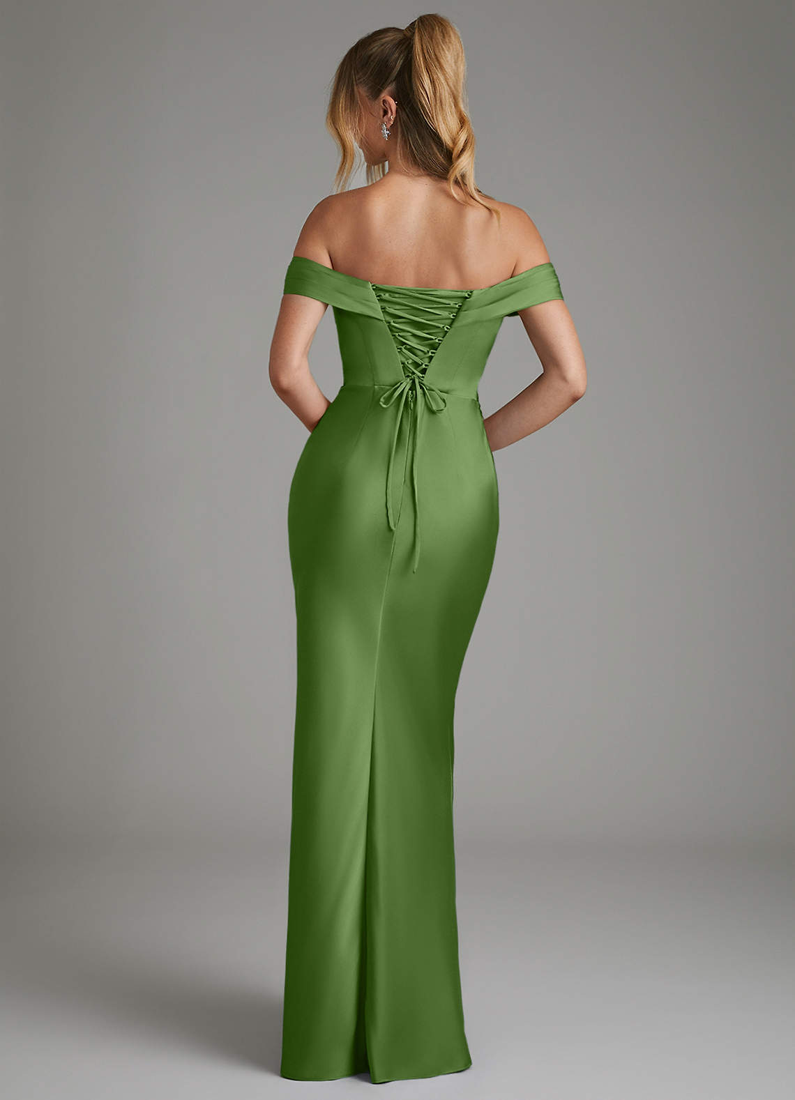 Hayden Mermaid Off-the-Shoulder Stretch Satin Bridesmaid Dress in Basil