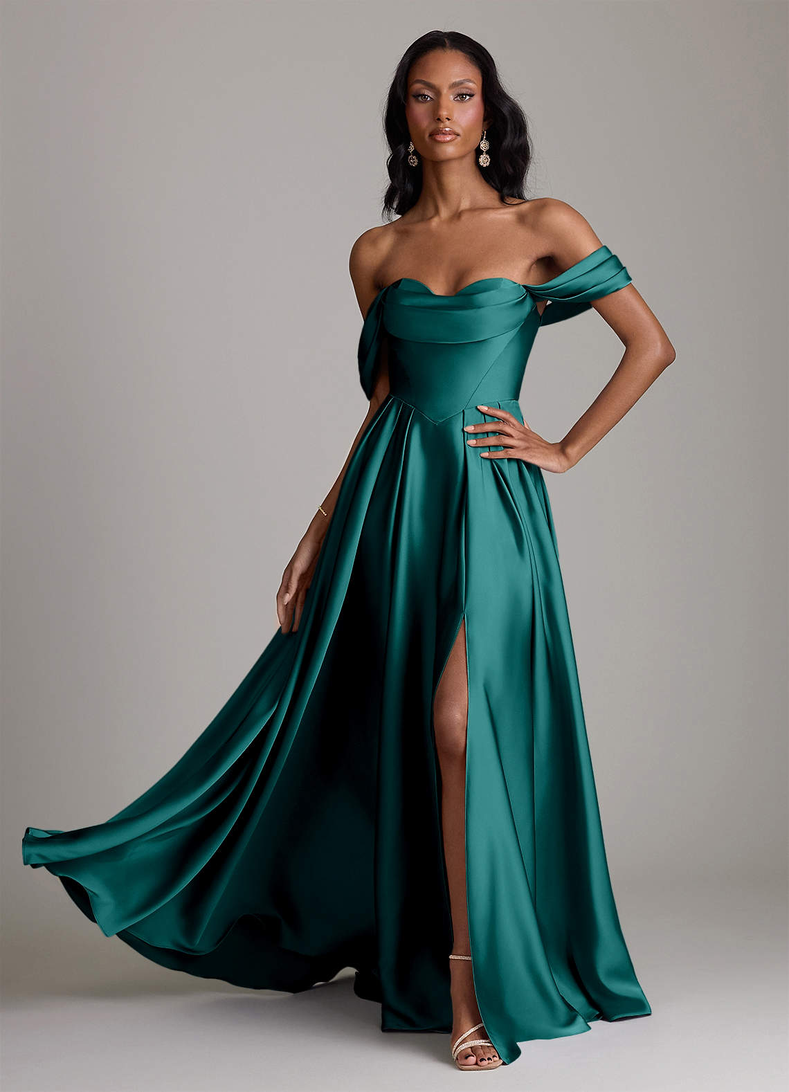 Loisa A-Line Off-the-Shoulder Stretch Satin Bridesmaid Dress in Peacock