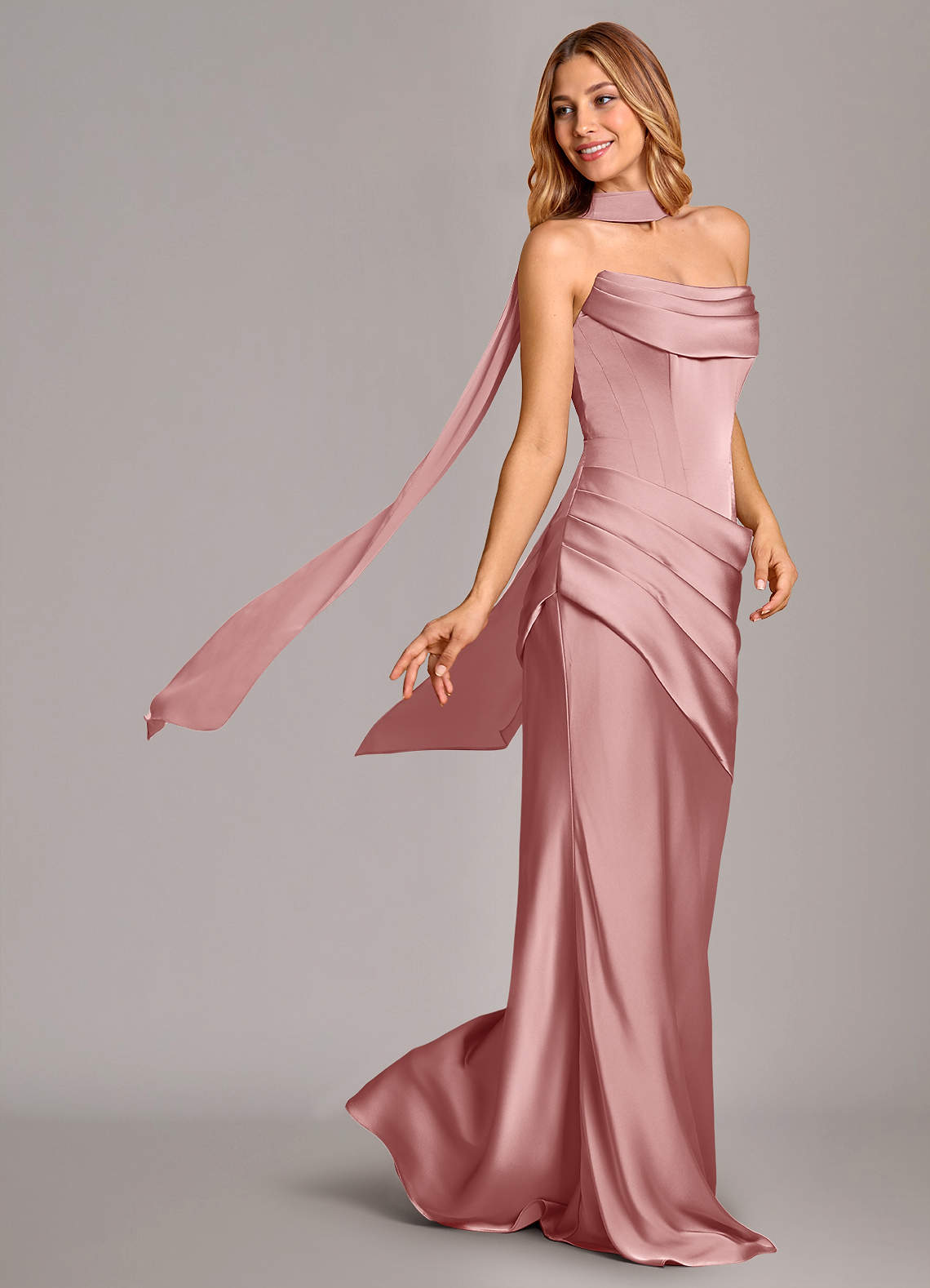 Pelagia Mermaid Cowl-Neck Stretch Satin Bridesmaid Dress in dusty rose