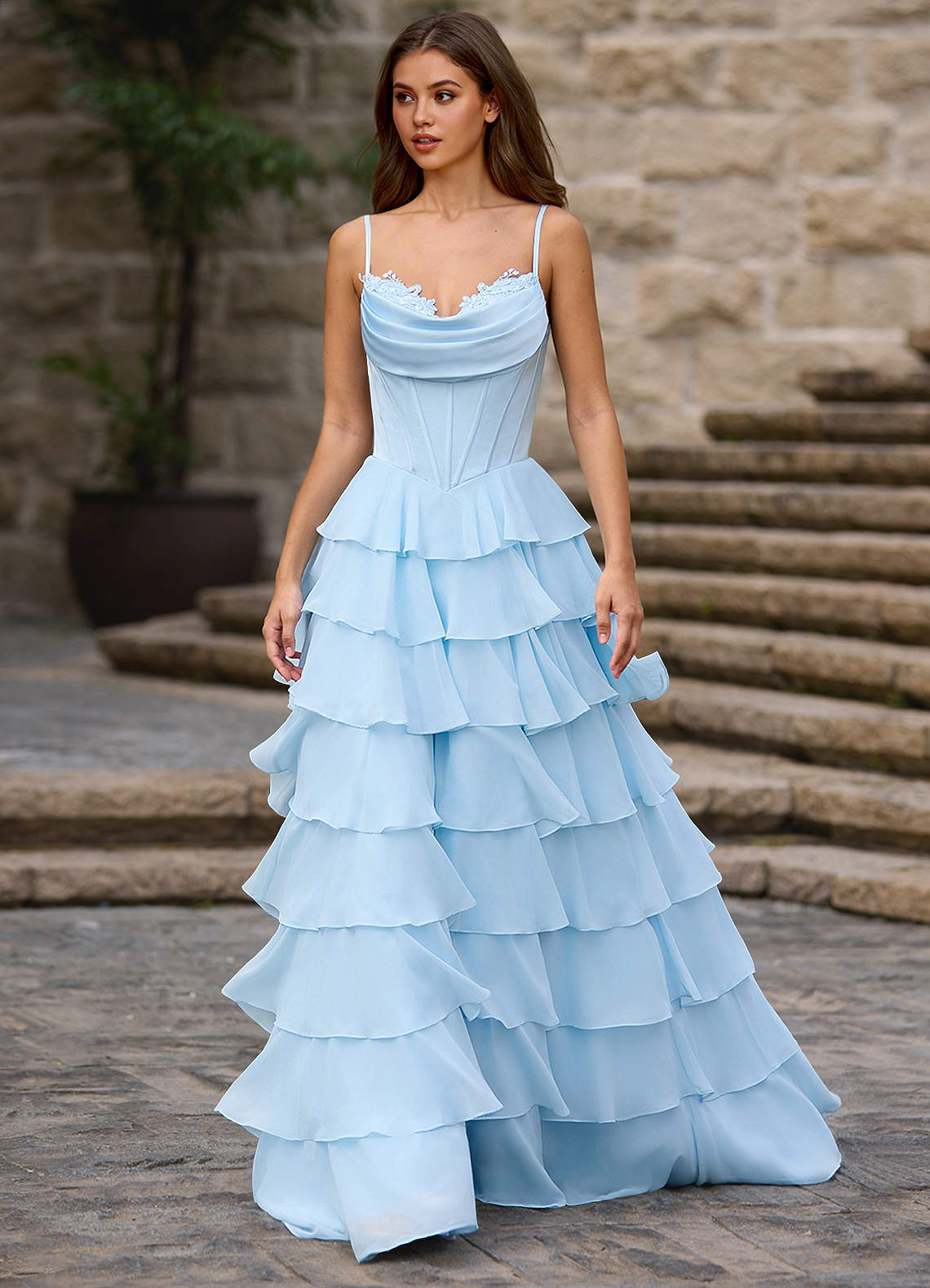 Floralace A-Line Ruffle Chiffon Evening Dress in Sky Blue