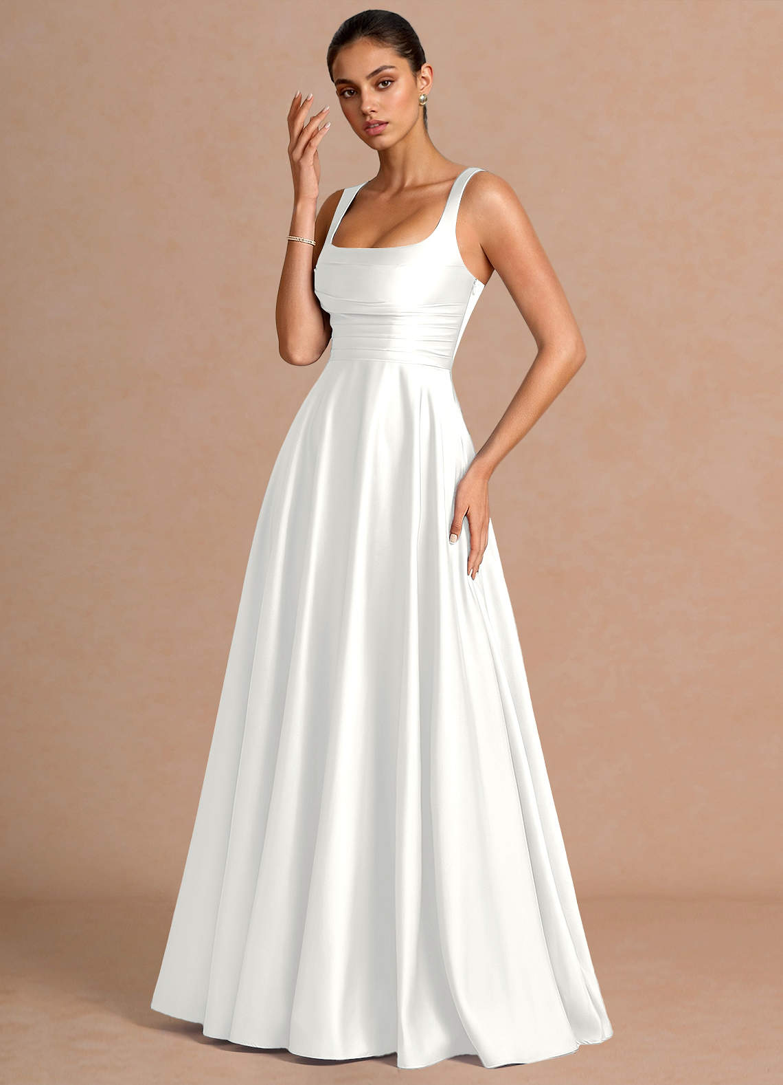 Azaria A-Line Square-Neck Stretch Satin Wedding Guest Dress in White