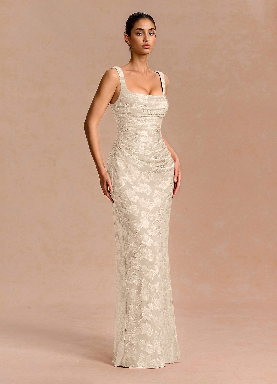 Agustina Square-Neck Pleated Fil Coupé Evening Dress in Cream