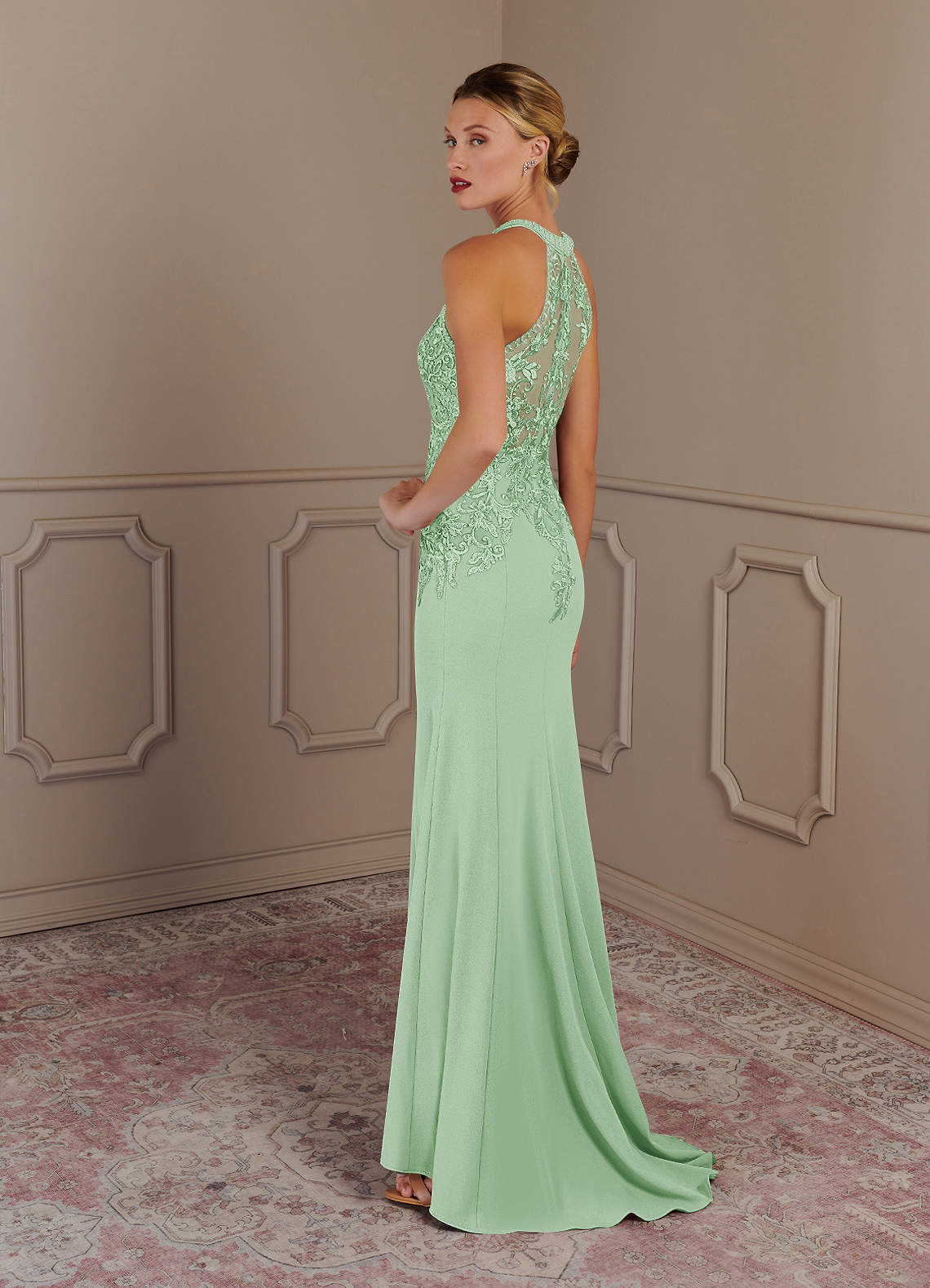 Tyra Mermaid Halter Tulle and Stretch Crepe Mother of the Bride Dress in Dusty Sage