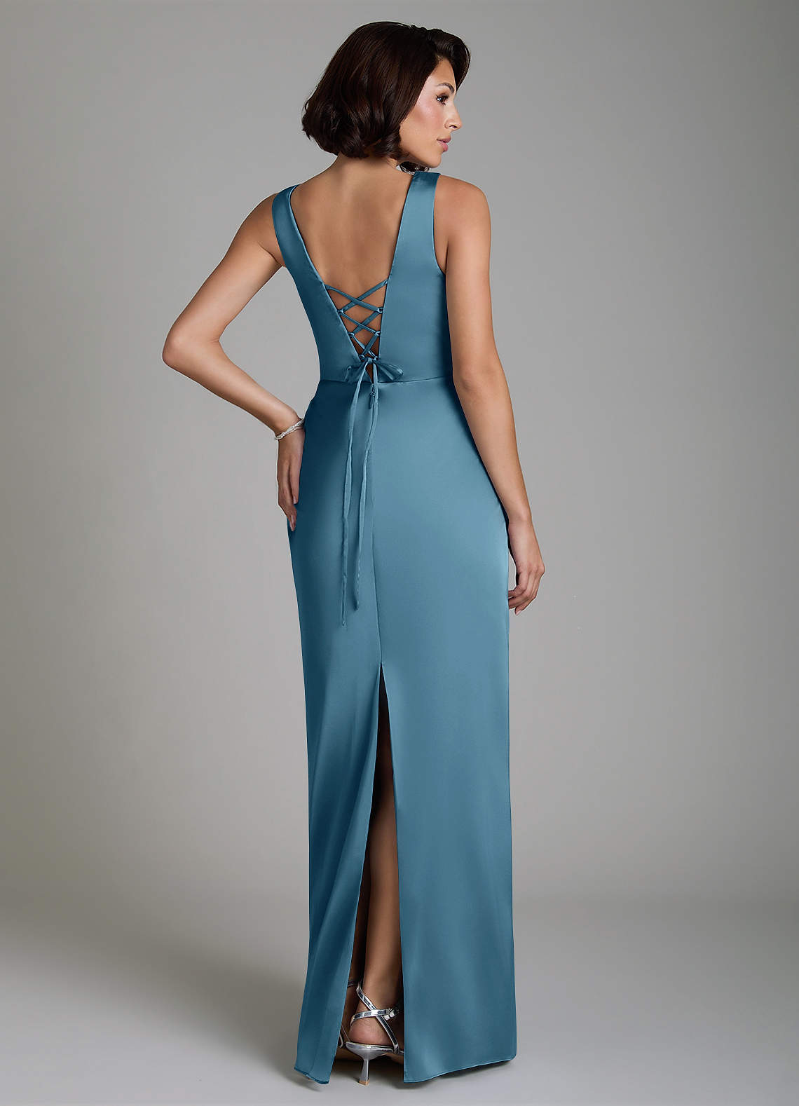Vanya Sheath V-Neck Stretch Satin Bridesmaid Dress in Bermuda
