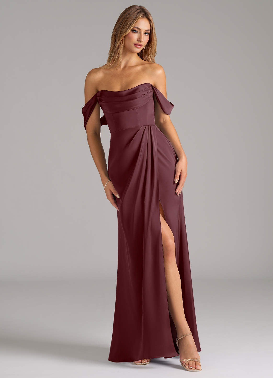 Johana Mermaid Off-the-Shoulder Stretch Satin Bridesmaid Dress in Sangria