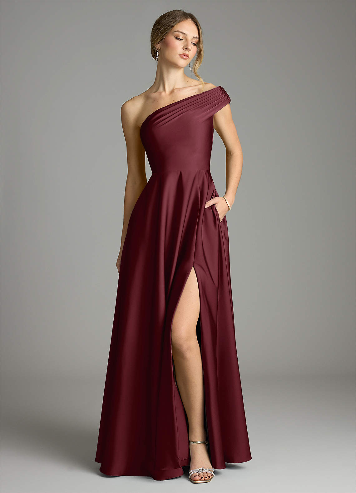 Melanie A-Line One-Shoulder Stretch Satin Bridesmaid Dress in Cabernet