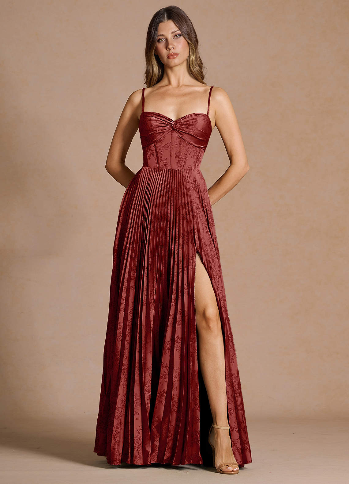 Vesper Pleated Knot-Neck Jacquard Wedding Guest Dress in Orange Red