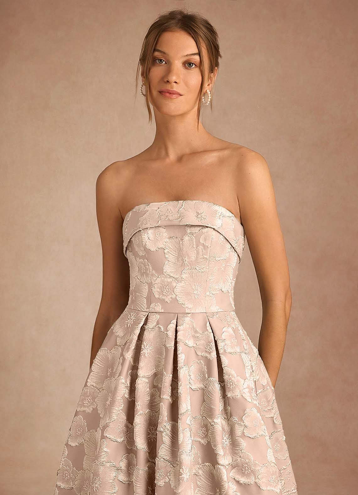 Florentine A-Line Bandeau Jacquard Taffeta Evening Dress in Vintage Blush