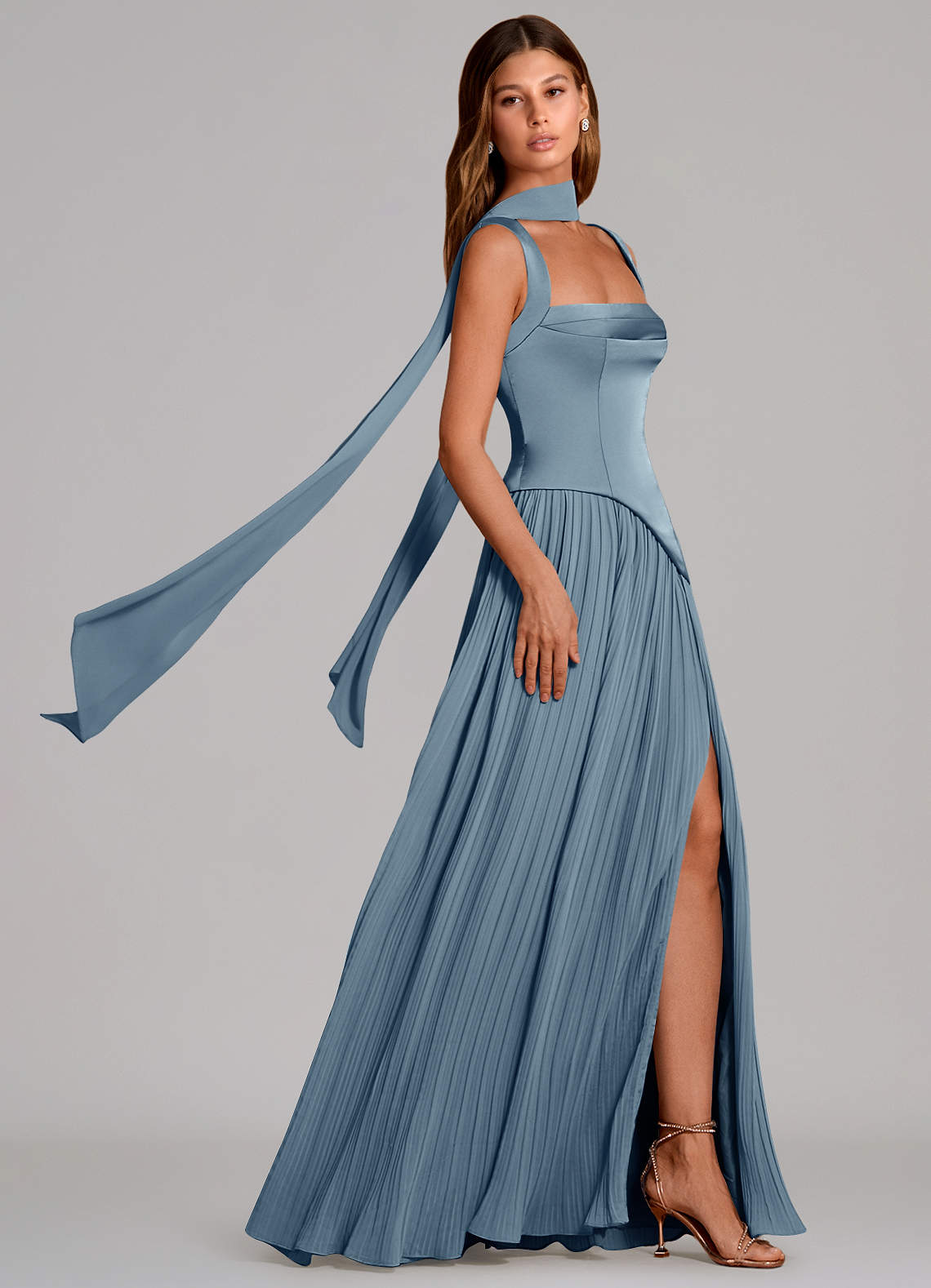 Stephanie A-Line Square-Neck Stretch Satin and Chiffon Bridesmaid Dress in dusty blue