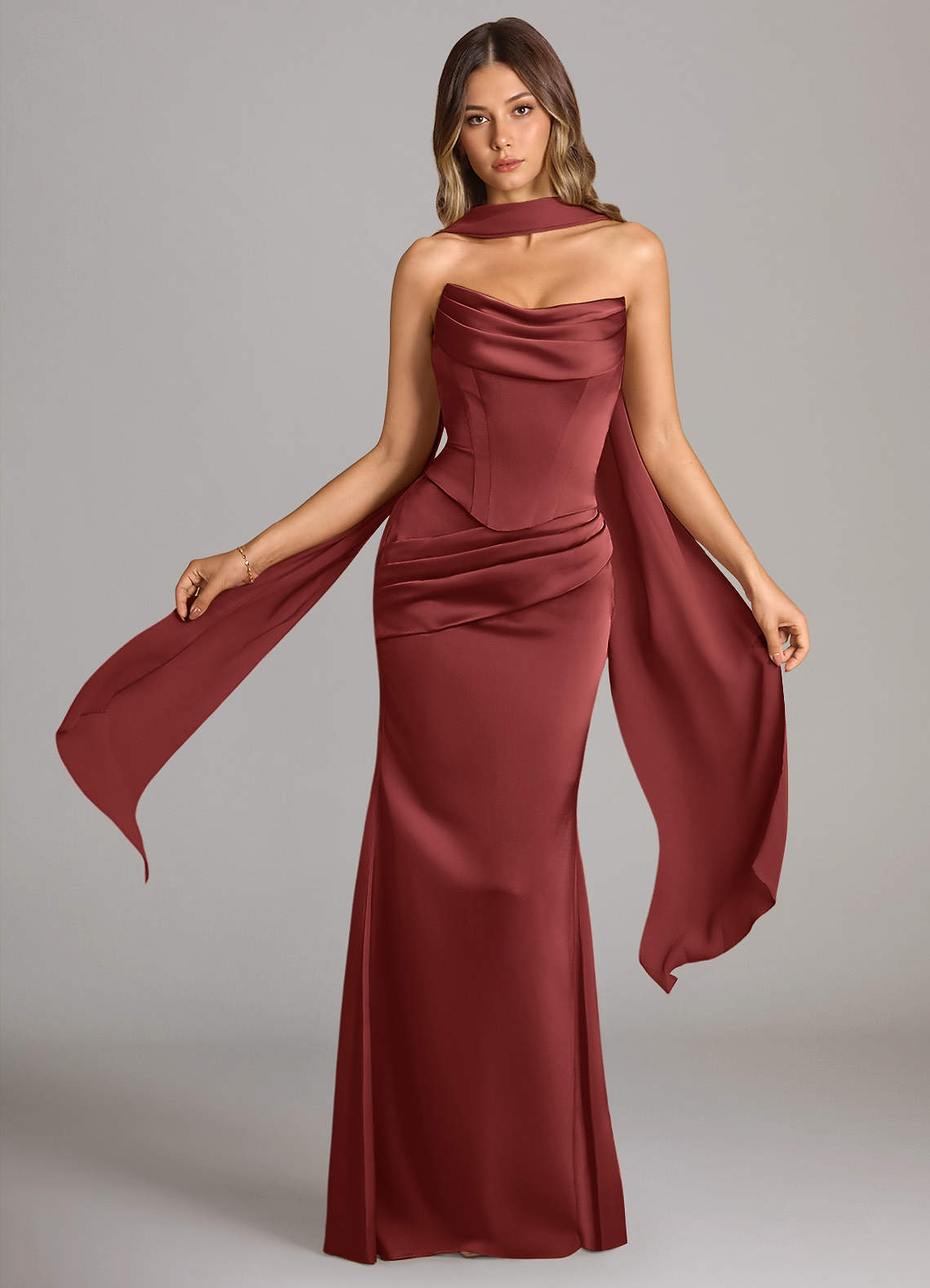 Sorrel Mermaid Cowl-Neck Stretch Satin and Chiffon Bridesmaid Dress in Terracotta