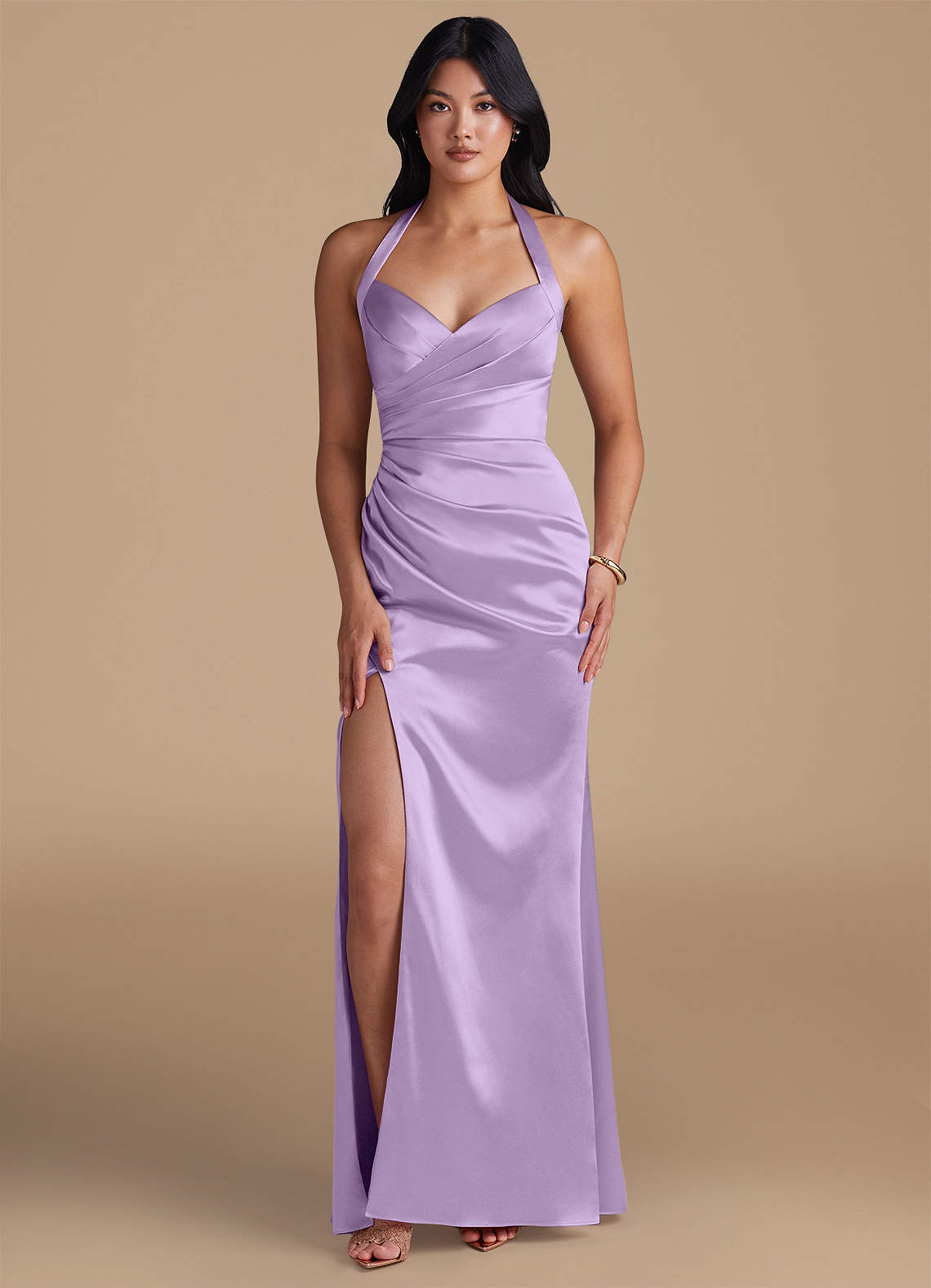 Emeria Sheath Halter Metallic Satin Bridesmaid Dress in Lilac