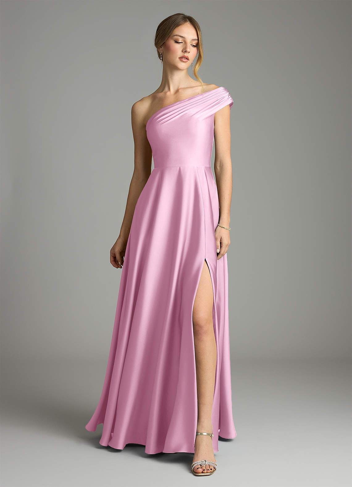 Melanie A-Line One-Shoulder Stretch Satin Bridesmaid Dress in candy pink