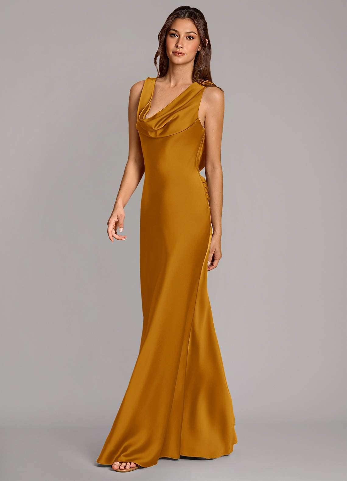 Cheryl Mermaid Cowl-Neck Stretch Satin Bridesmaid Dress in butterscotch